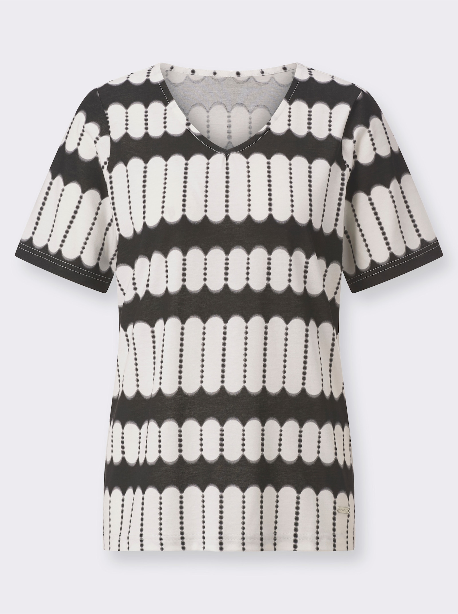 Tričko s krátkým rukávem s výstřihem do V - černá-ecru-potisk