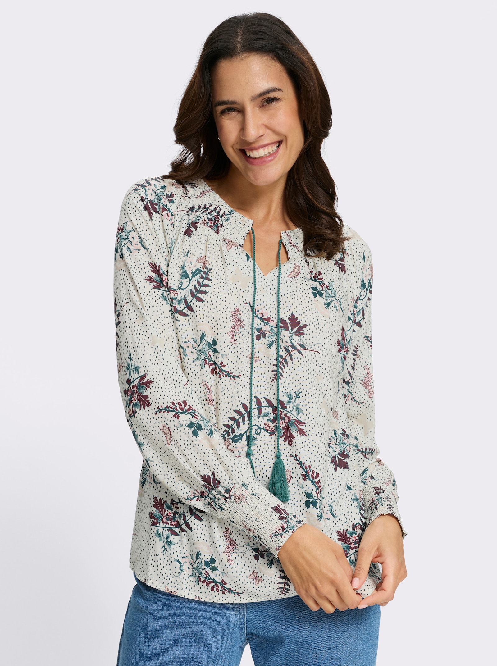 Druckbluse - champagner-hortensie-bedruckt