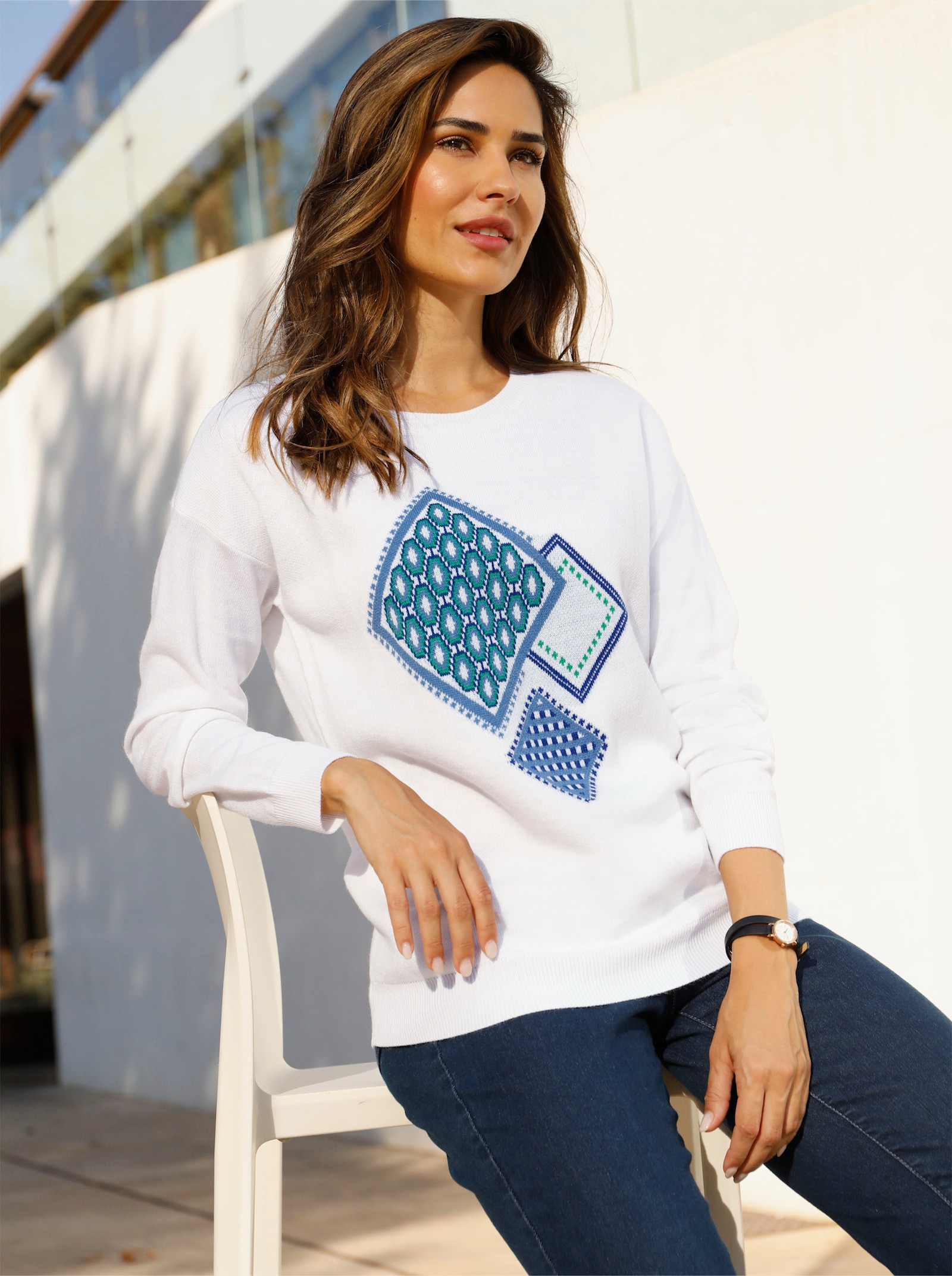 Pullover met lange mouwen en jacquardpatroon voor - wit/grasgroen