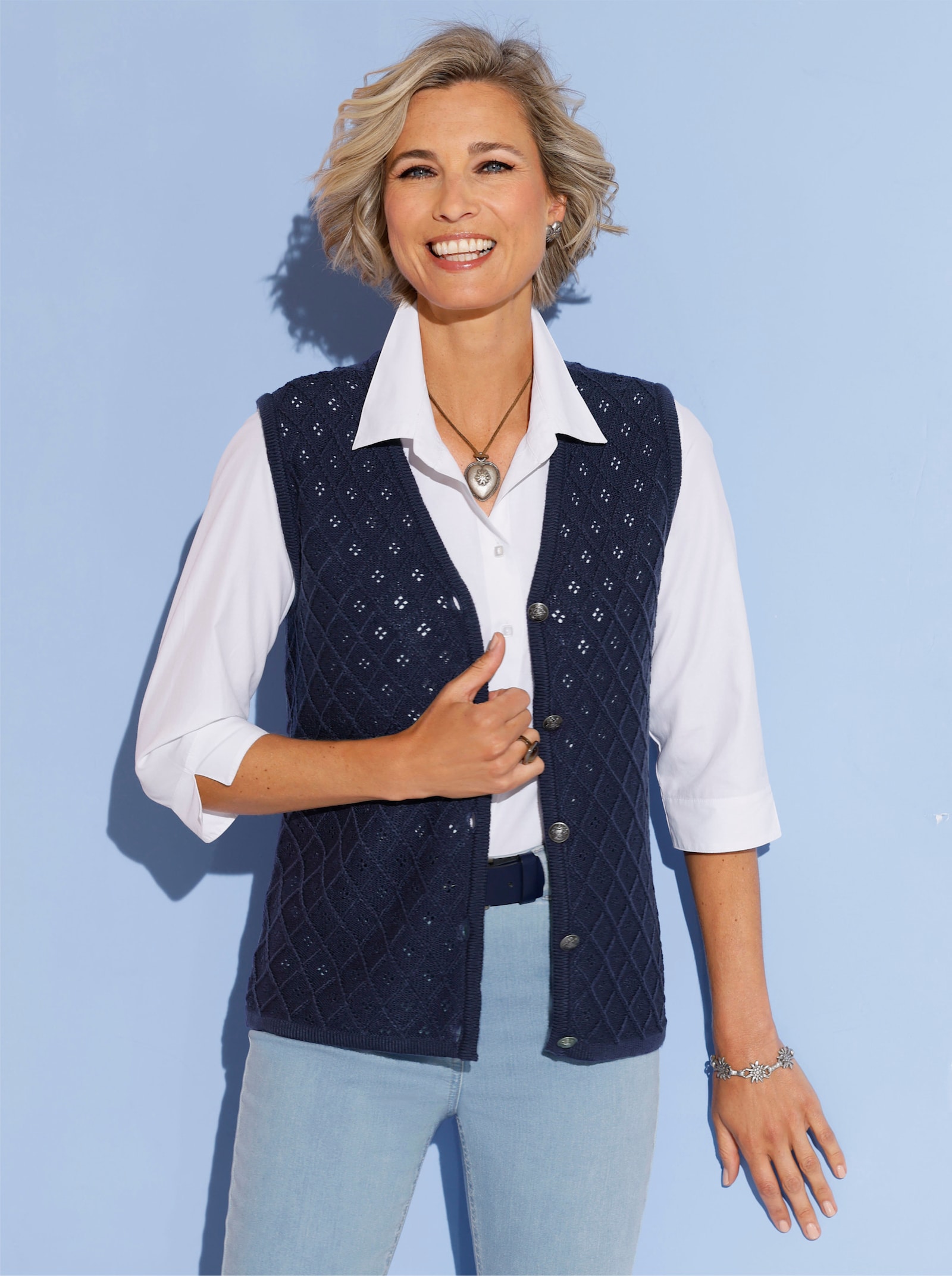 Strickweste mit Ajour-Muster - marine