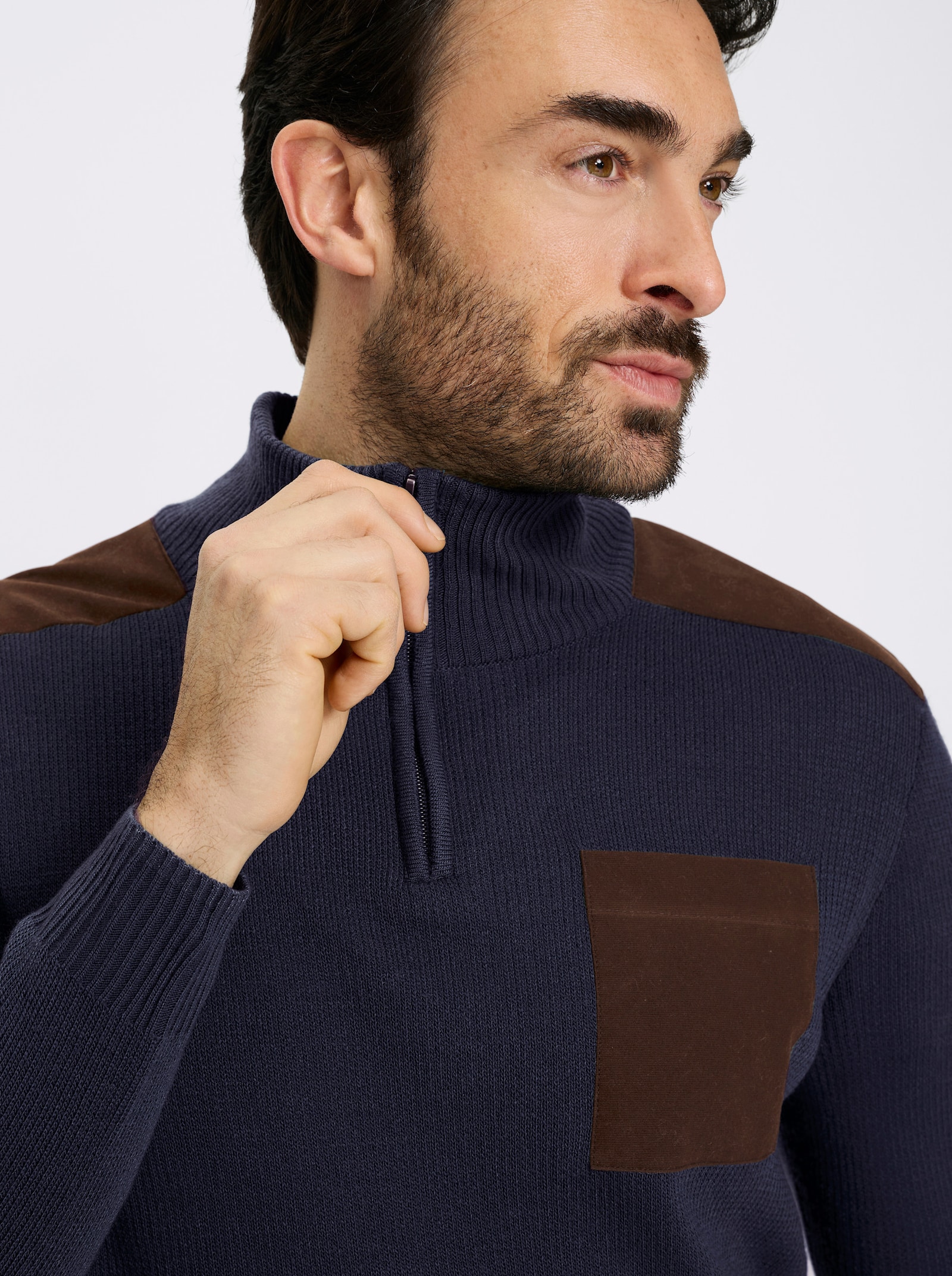 Catamaran Langarm-Pullover mit Kontrast-Details - marine-rauchblau-meliert