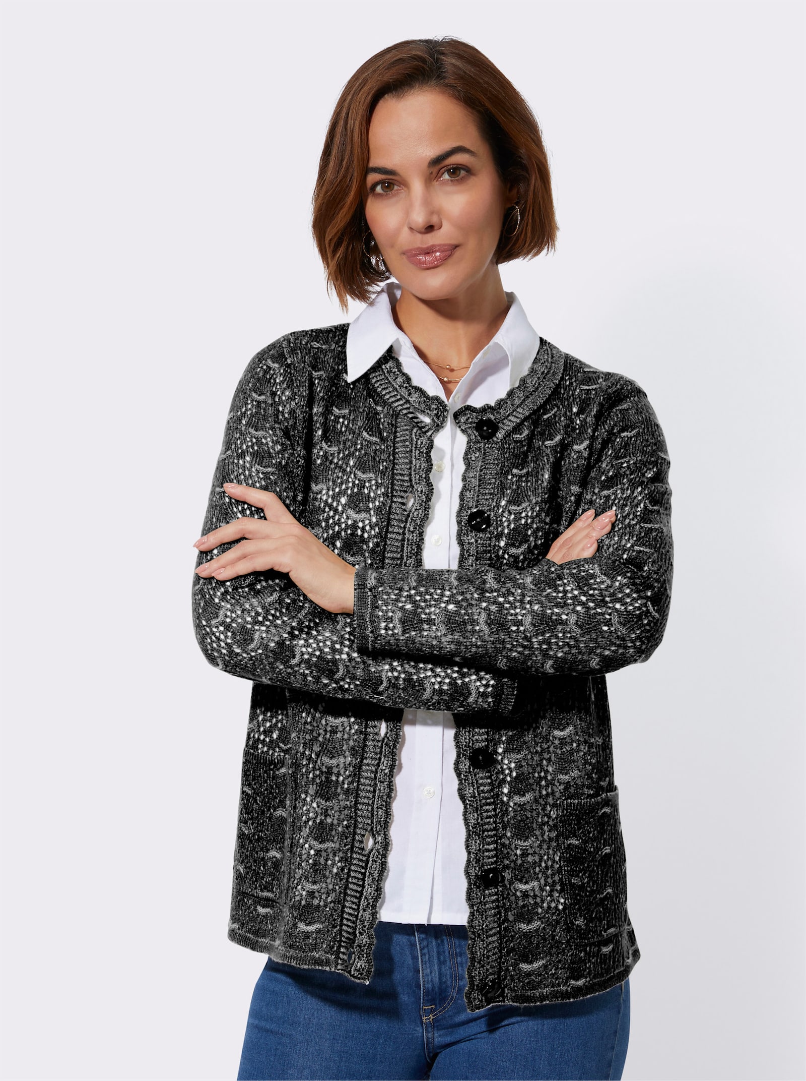  Ajourstrickjacke mit gebogten Abschlüssen - schwarz-meliert