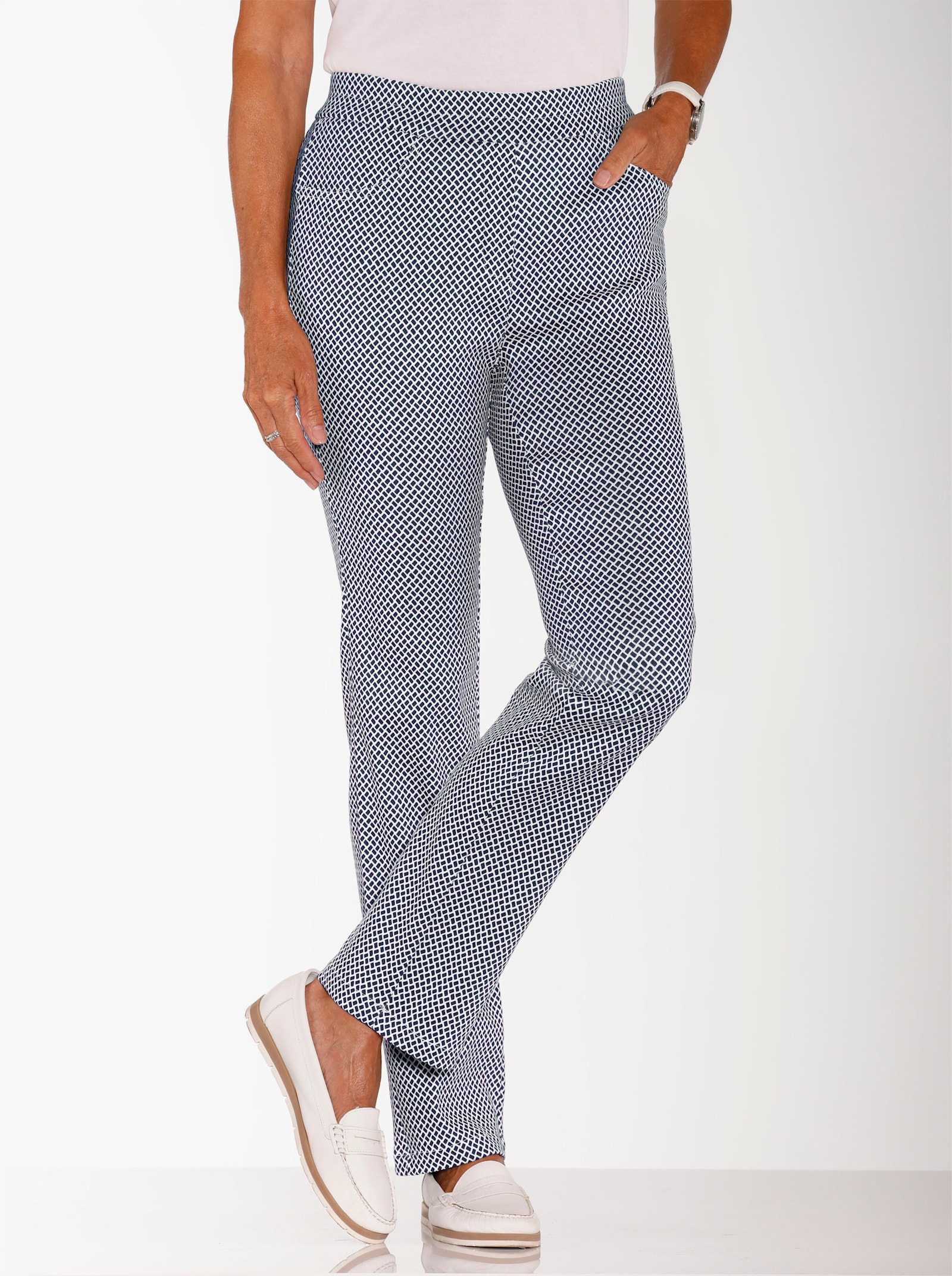 Stretch-Hose in knitterarmer Koffer-Qualität - marine-ecru-gemustert