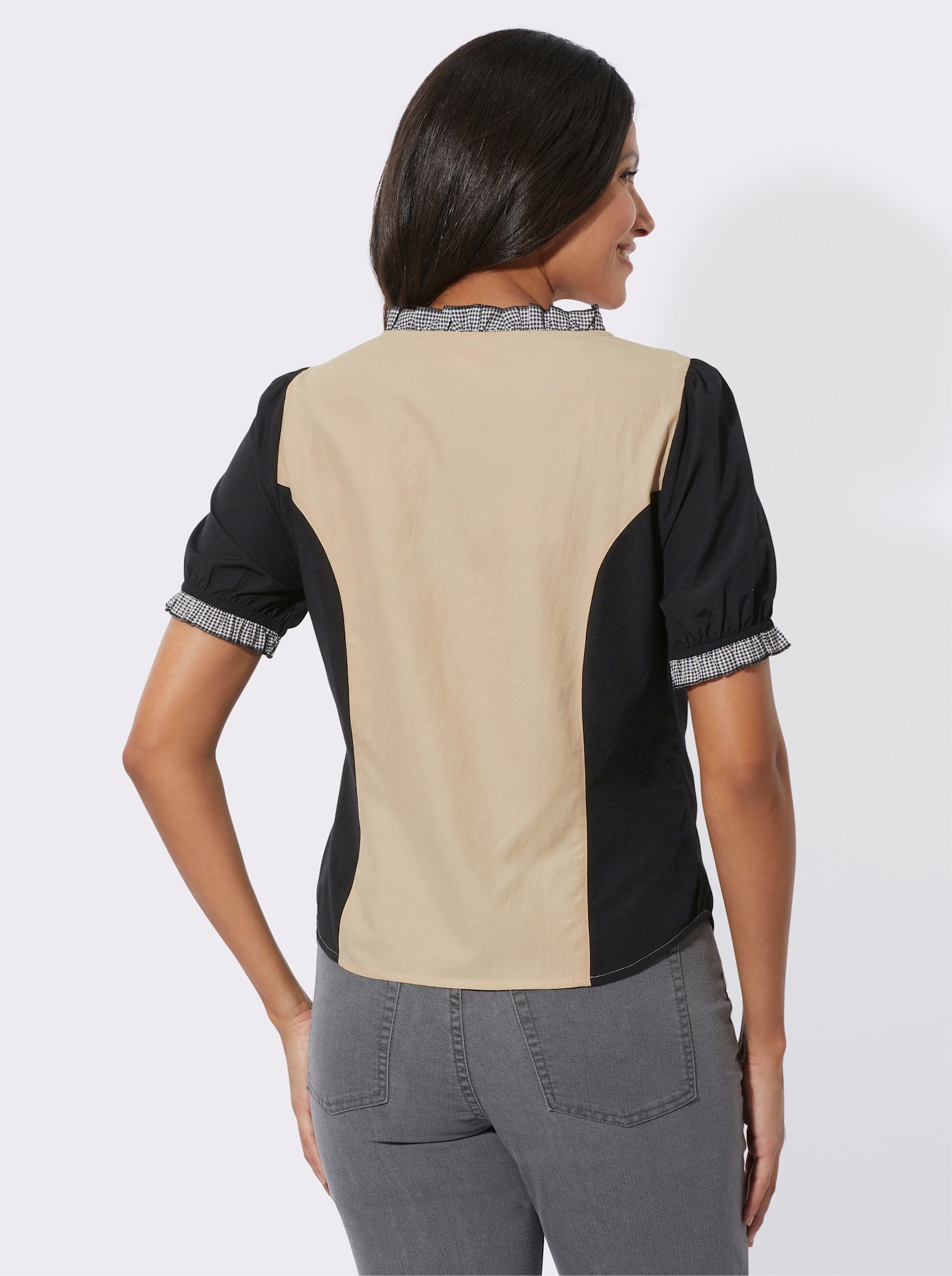 Folkloreblouse met ruches - zand/zwart