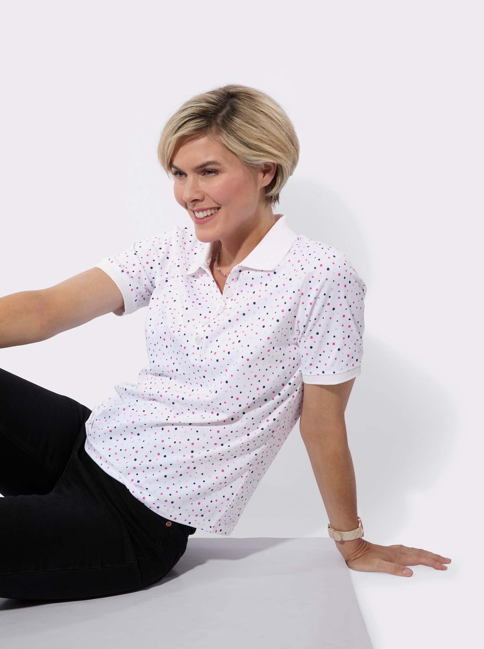 Poloshirt in stippendessin - wit/fuchsia gestippeld