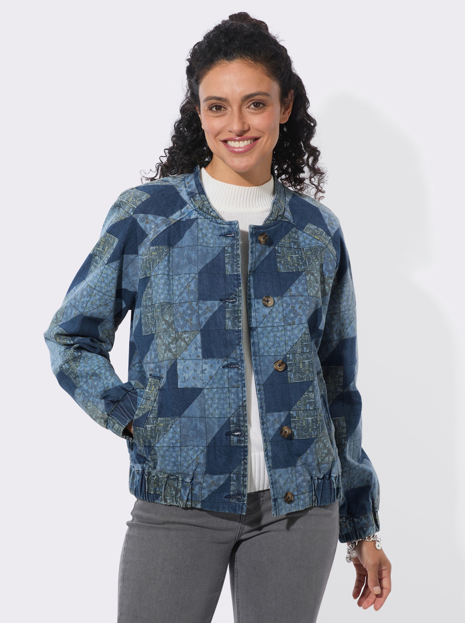Jeansjacke in Patchwork-Optik - jeansblau-gemustert
