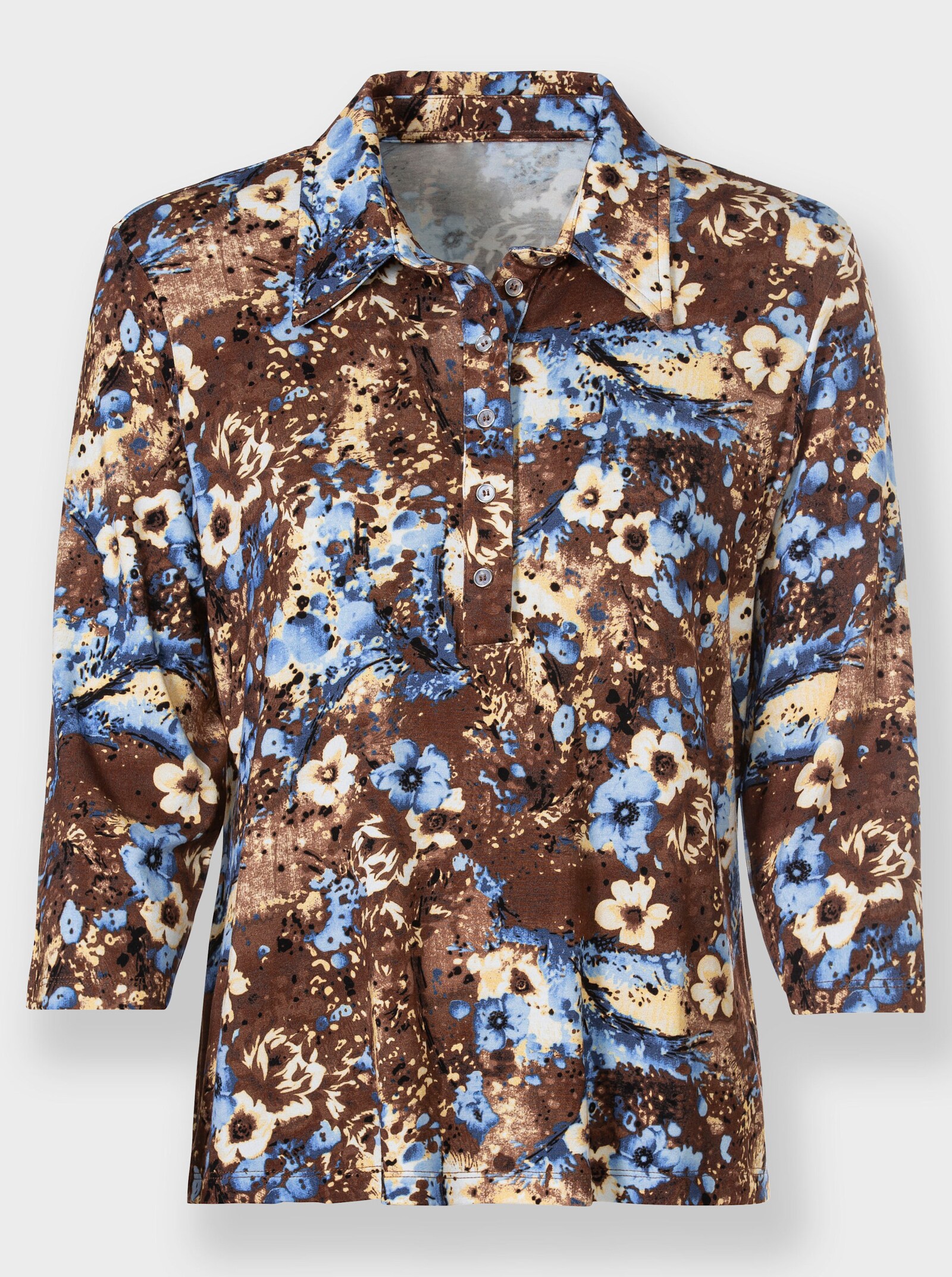 Poloshirt in floralem Mustermix - braun-hellblau-bedruckt