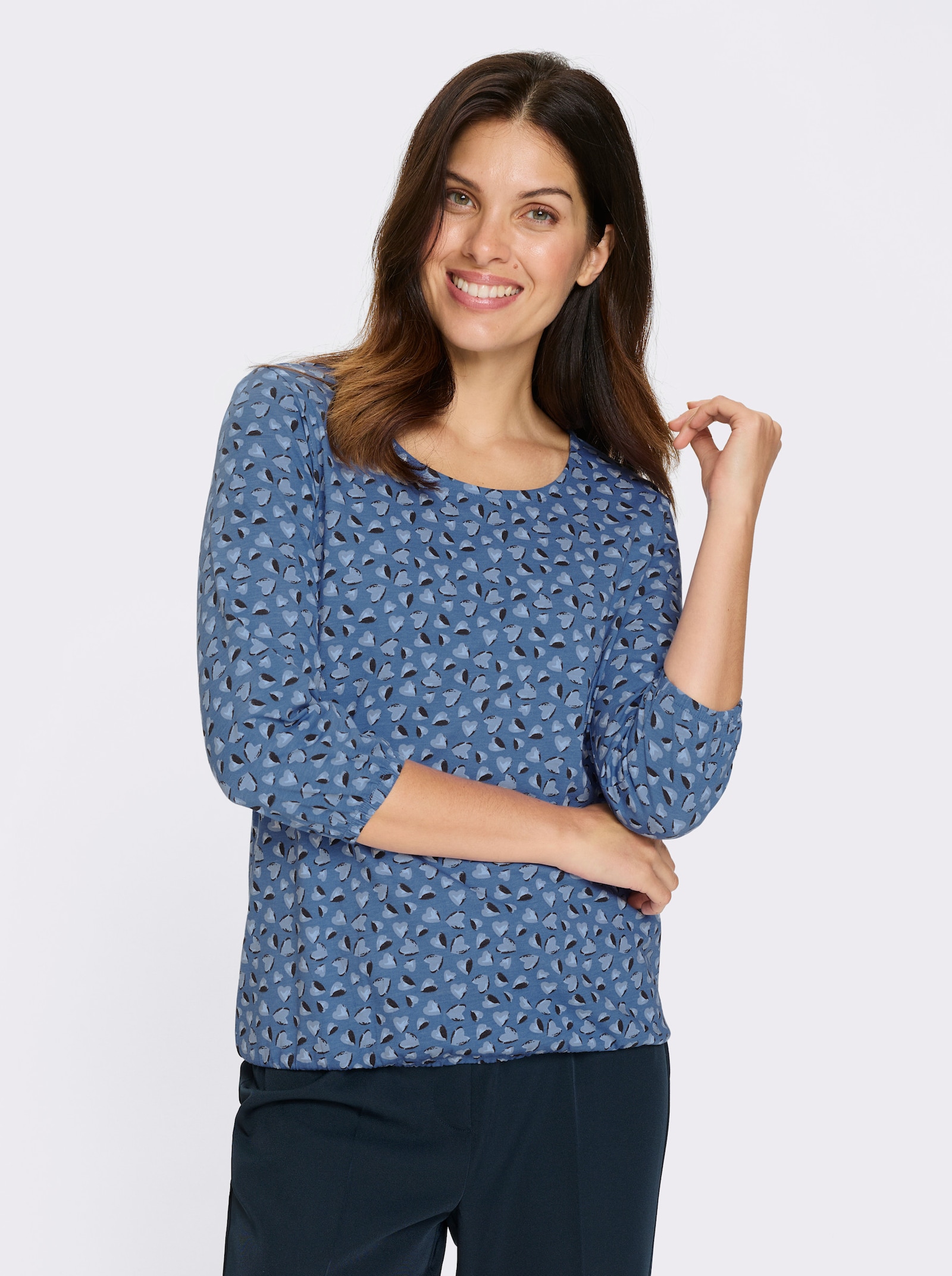 Tričko s 3/4 rukávem a srdíčkovým vzorem - střední modrá-ecru-potisk