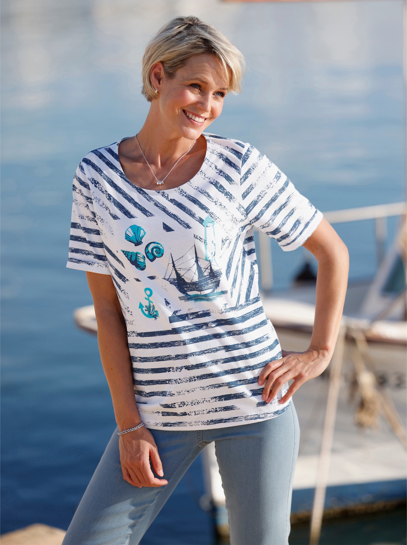 Shirt met korte mouwen en maritieme print - wit/donkerblauw bedrukt