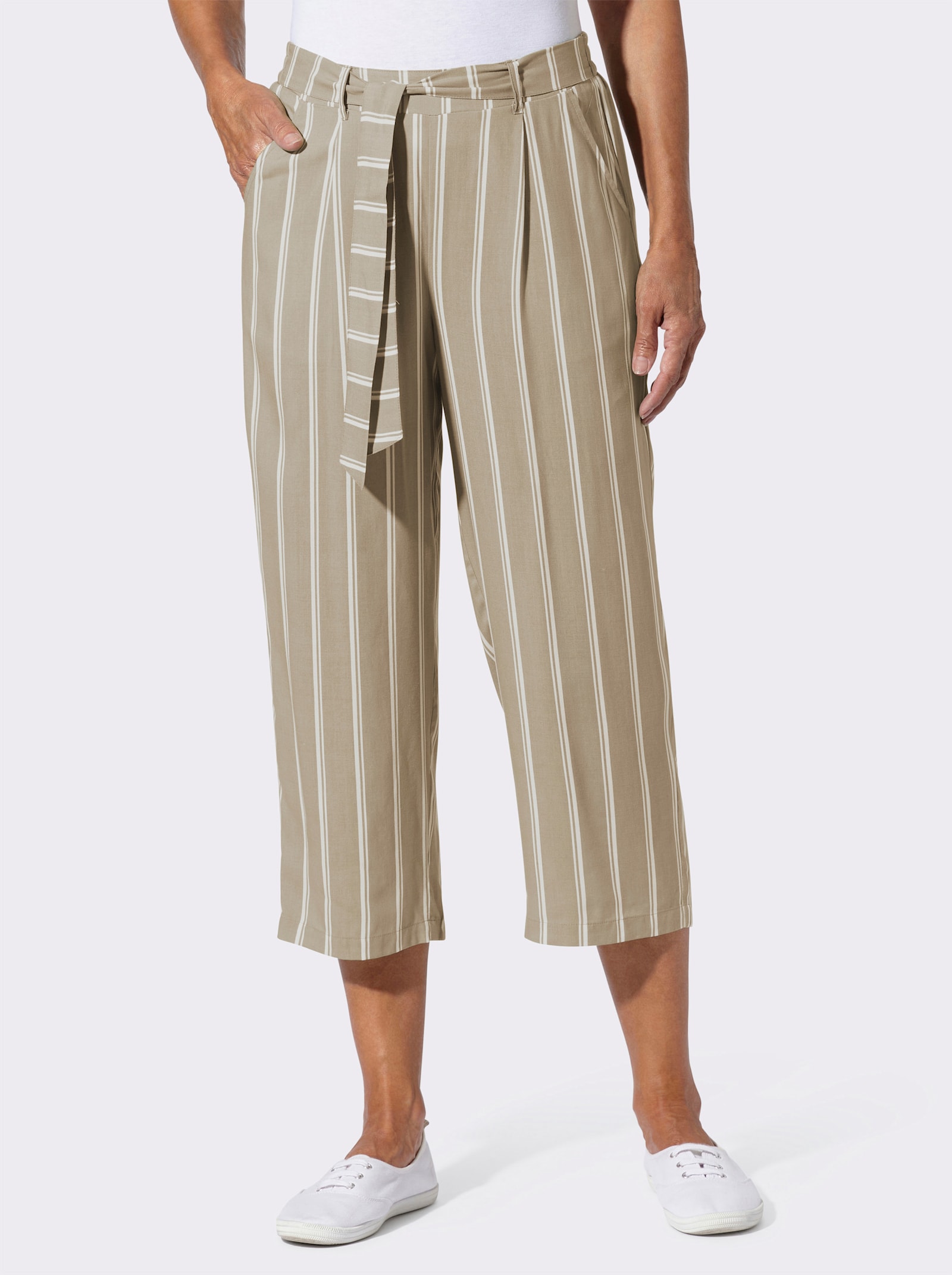 3/4-Hose mit fixiertem Bindegürtel - beige-ecru-gestreift