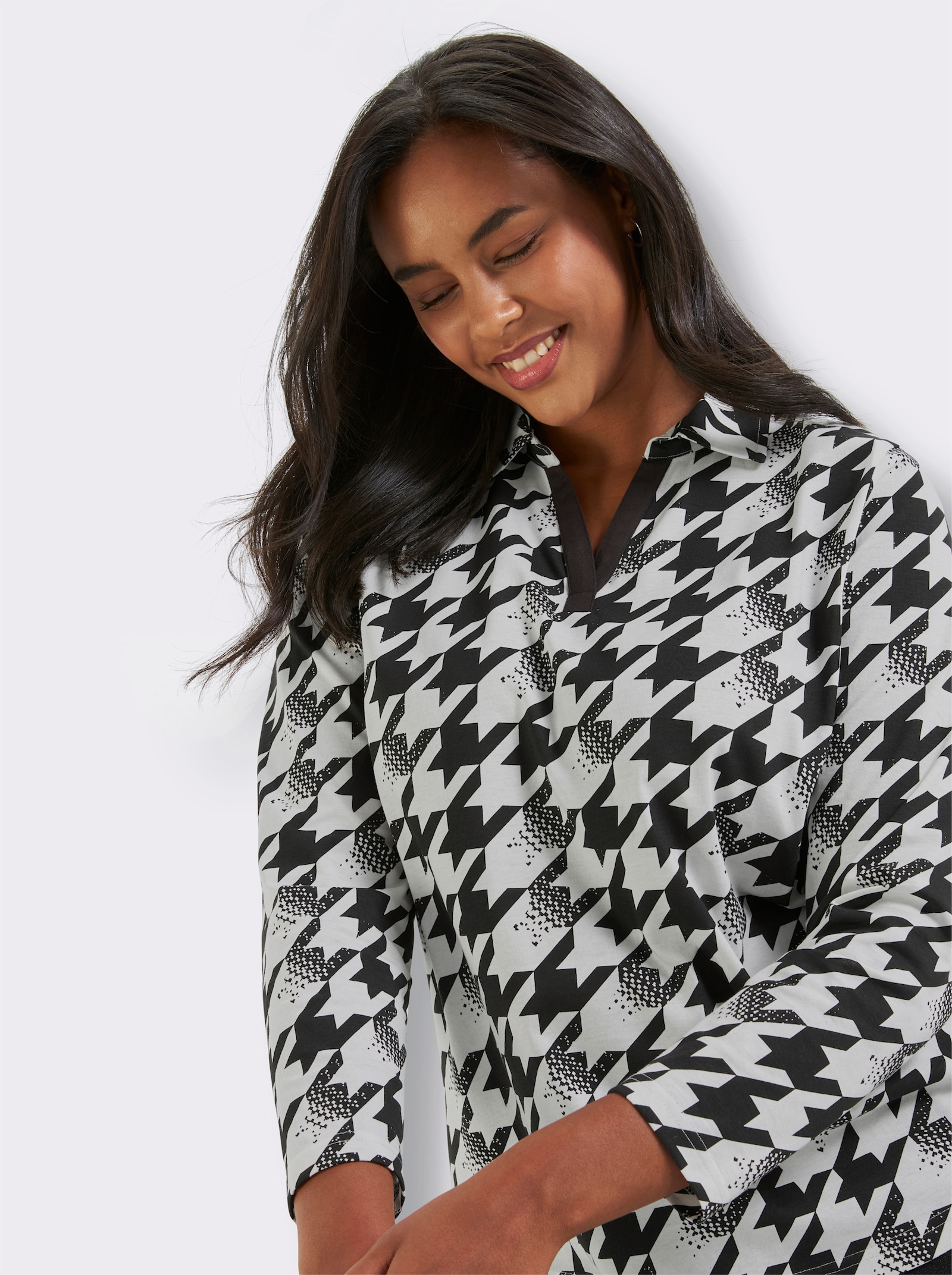 Langarmshirt mit Hahnentritt-Muster - schwarz-ecru-bedruckt