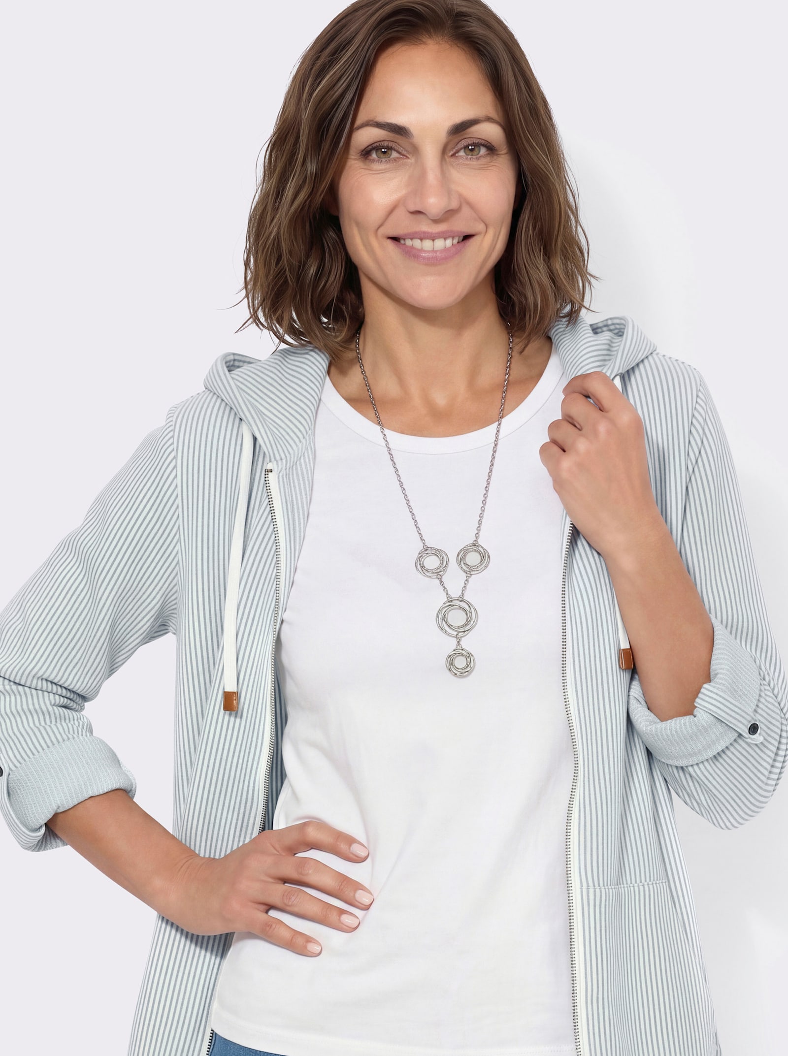 Sweatjacke mit Känguru-Tasche - bleu-ecru-gestreift