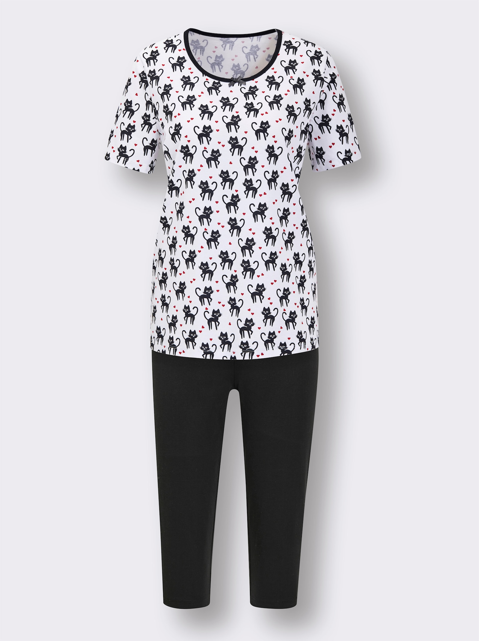 wäschepur Capri-Schlafanzüge mit Katzenmotiven - weiß-schwarz-bedruckt + weiß-rot-bedruckt