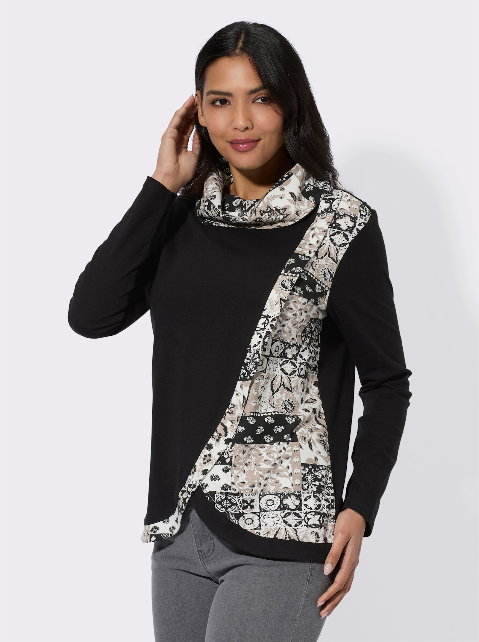 Rollkragen-Shirt - schwarz-ecru-bedruckt