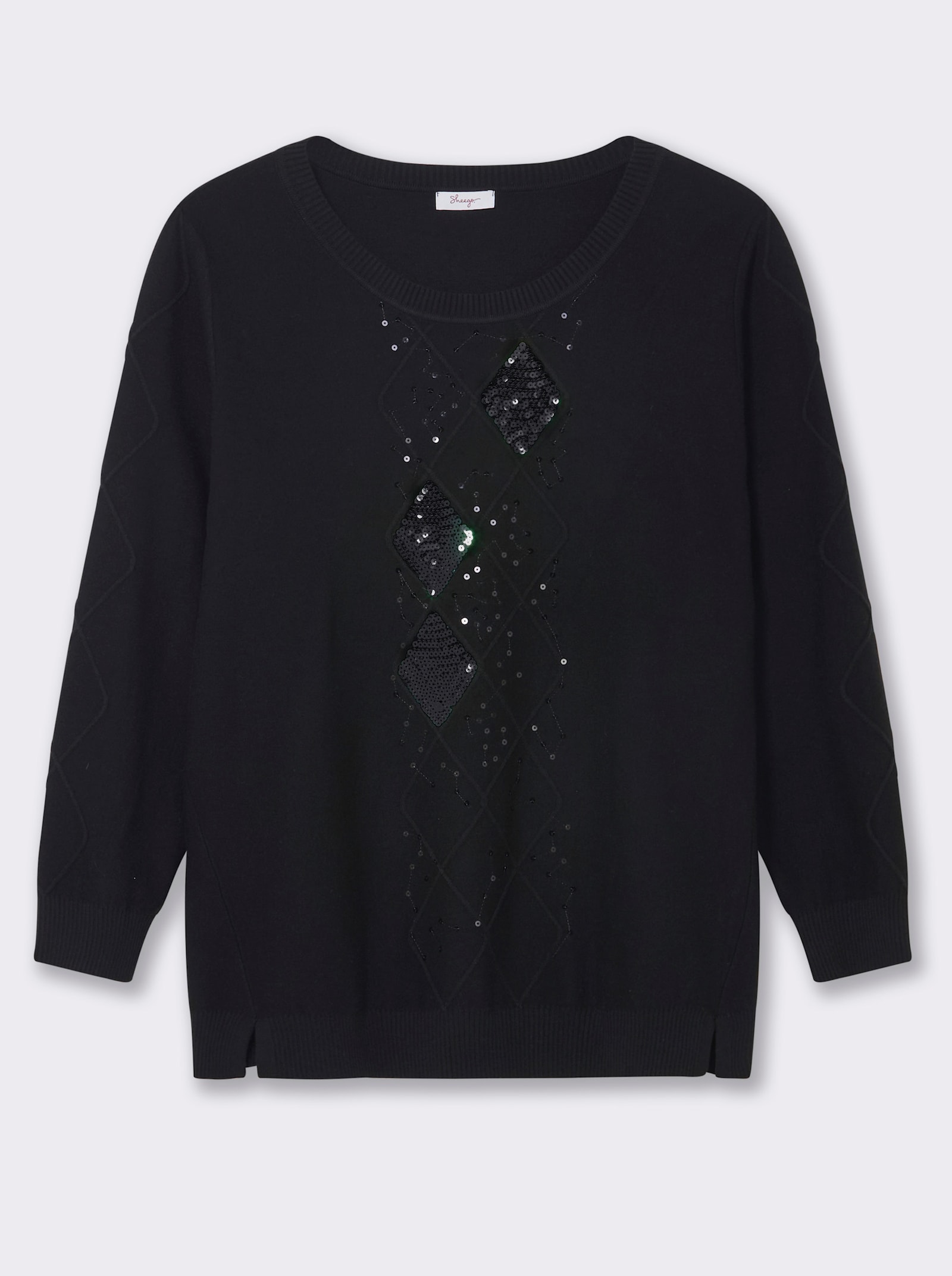 sheego Pullover met ruitpatroon en glittersteentjes - zwart