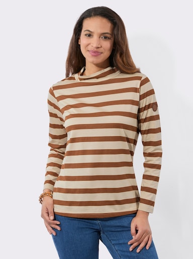 Stehkragenshirt - cognac-sand-geringelt