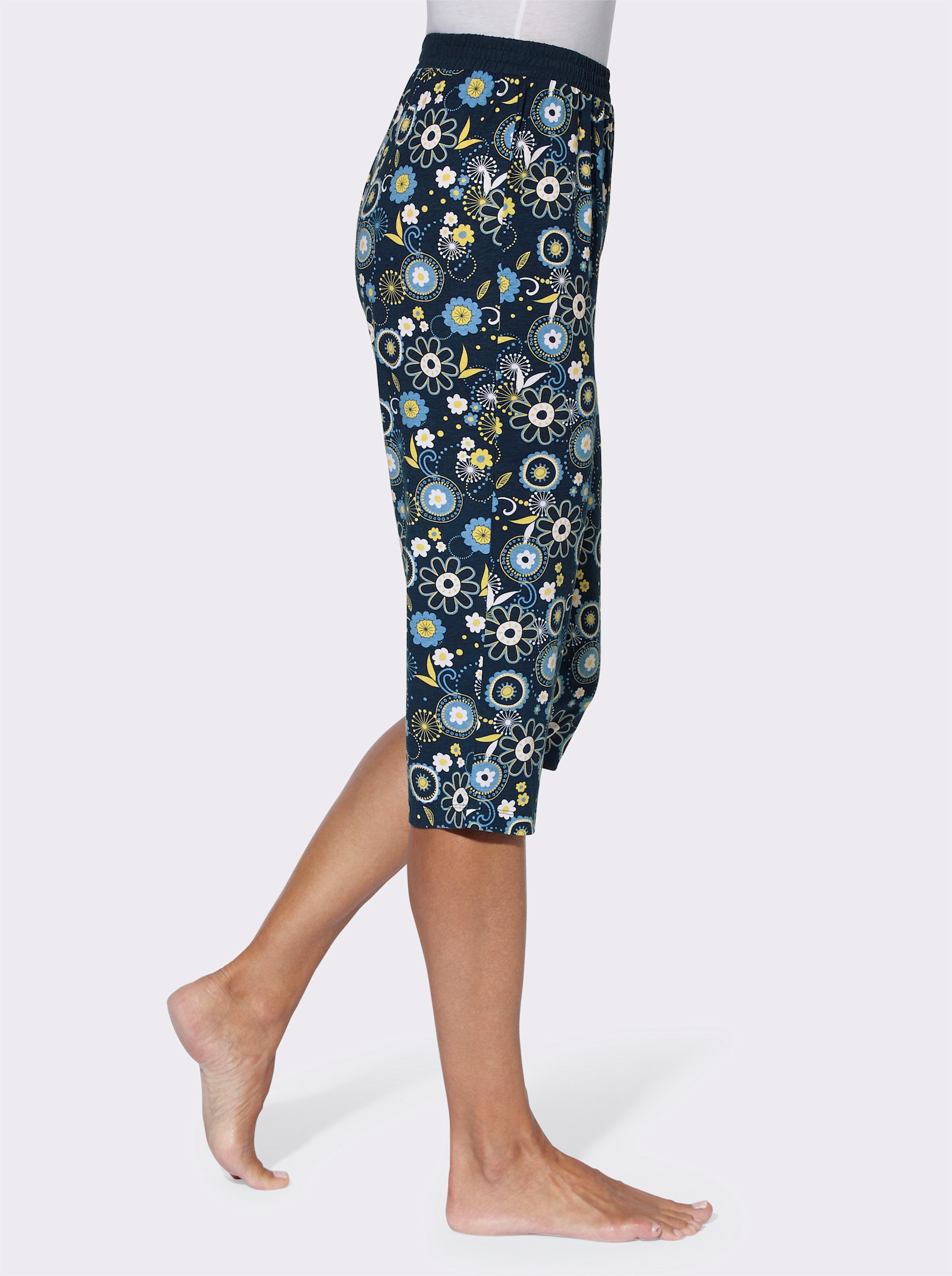 Capri pyžamové kalhoty s elastickým pasem a potiskem - tmavěmodrá-potisk