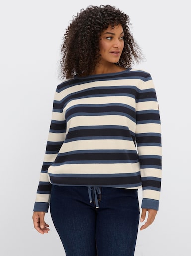 sheego Strickpullover im Colour-Blocking - tiefblau-ecru-geringelt