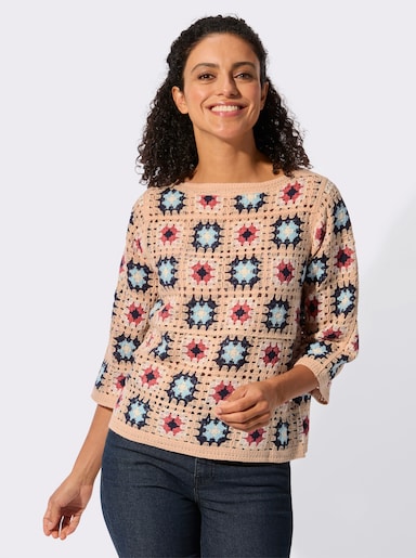 Pullover in Häkel-Optik - apricot-koralle-gemustert