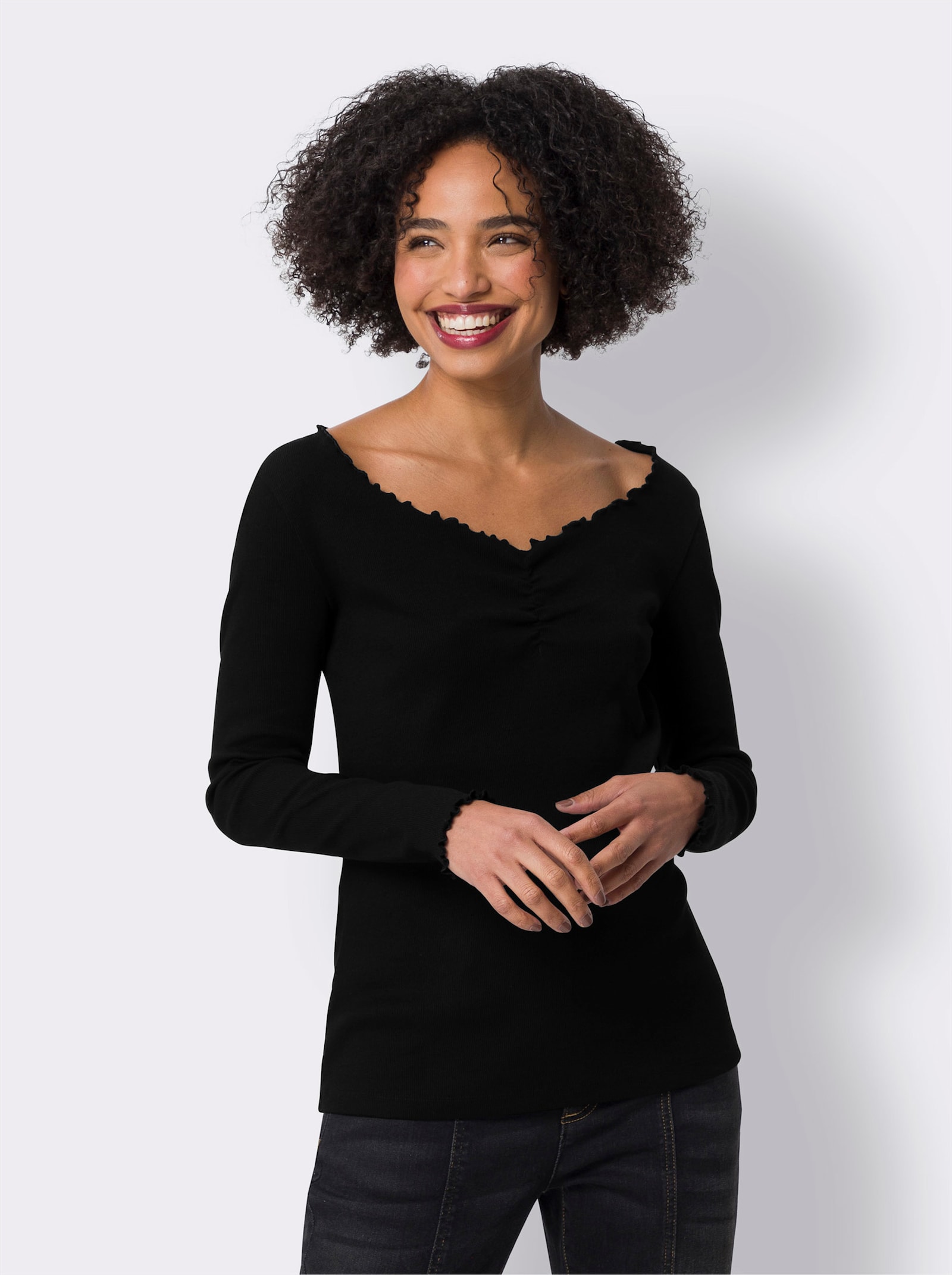 heine Langarmshirt mit Wellenabschlüssen - schwarz