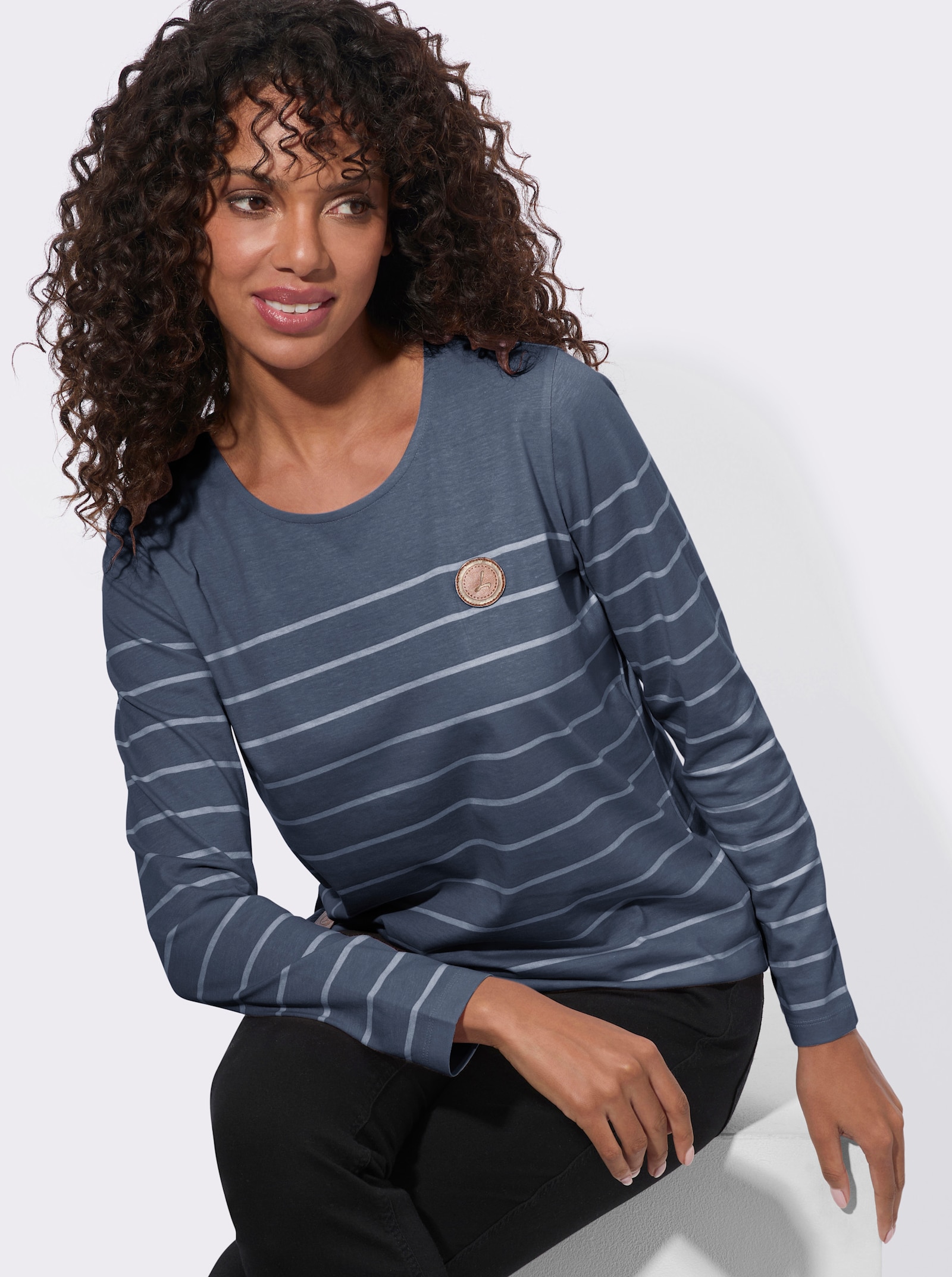 Ringelshirt aus reiner Baumwolle - rauchblau-ecru