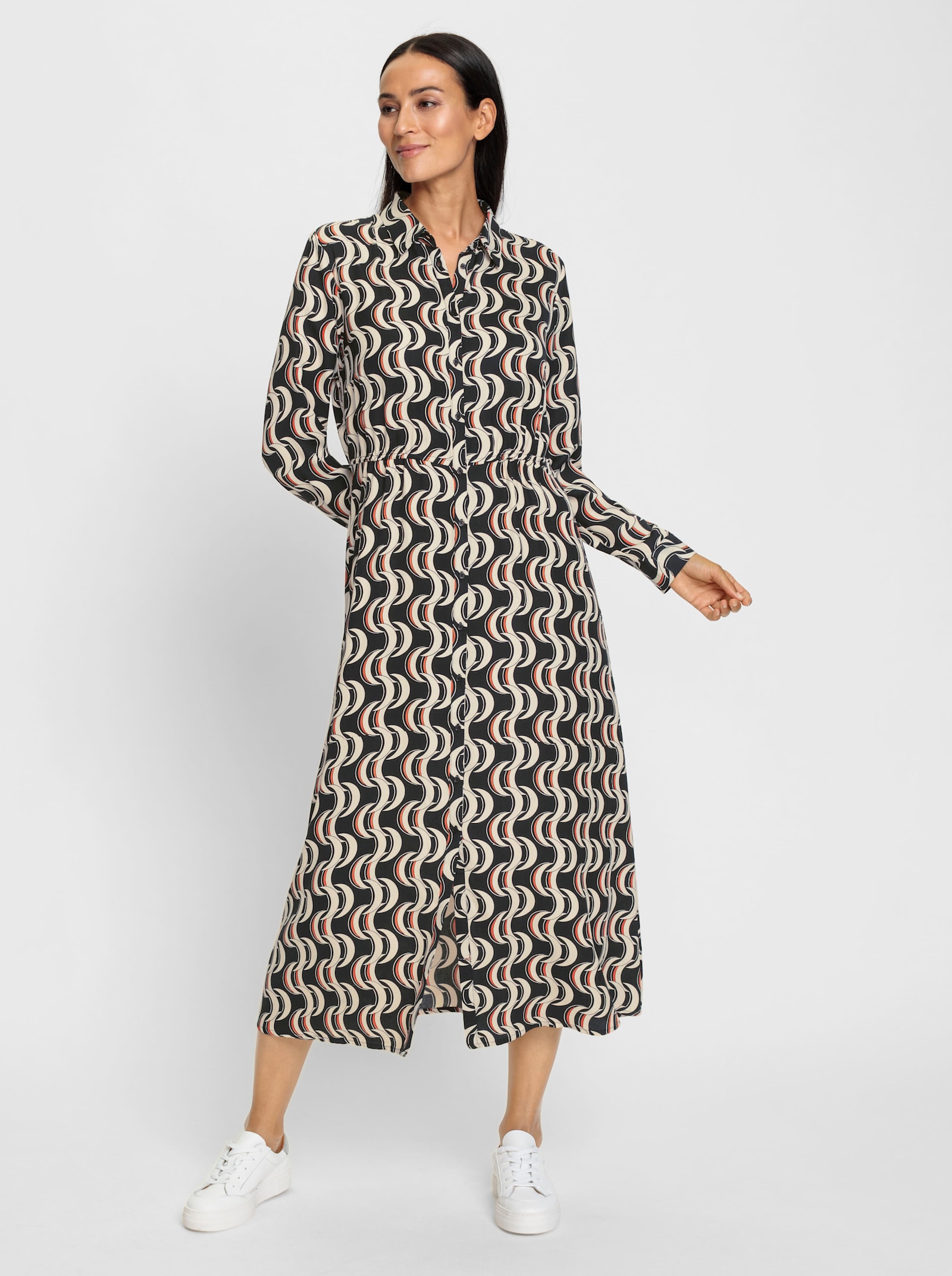 heine Hemdblusenkleid mit Gummizug in der Taille - schwarz-sand-bedruckt