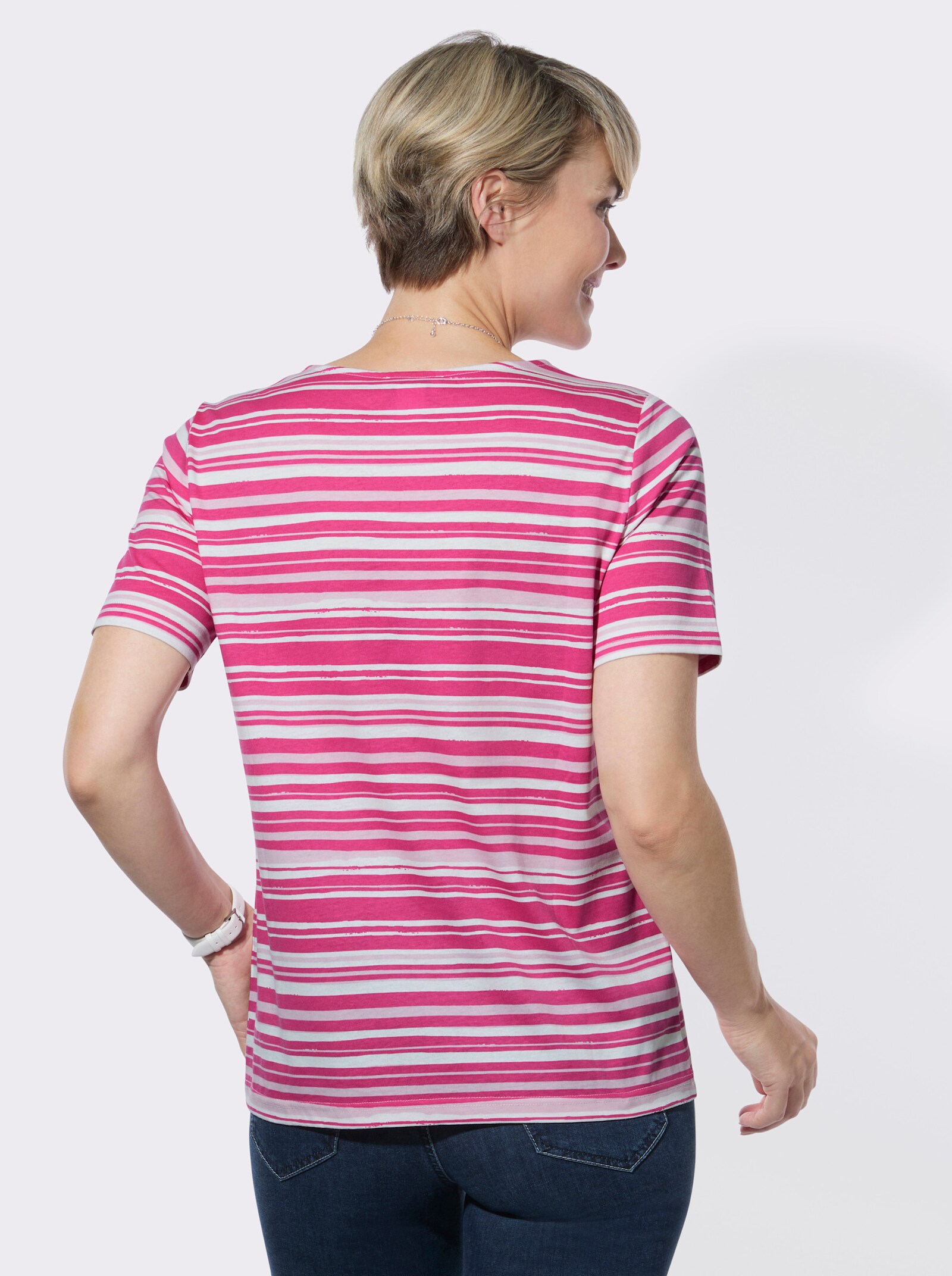 Kurzarmshirt im Ringel-Dessin - fuchsia-ecru-bedruckt