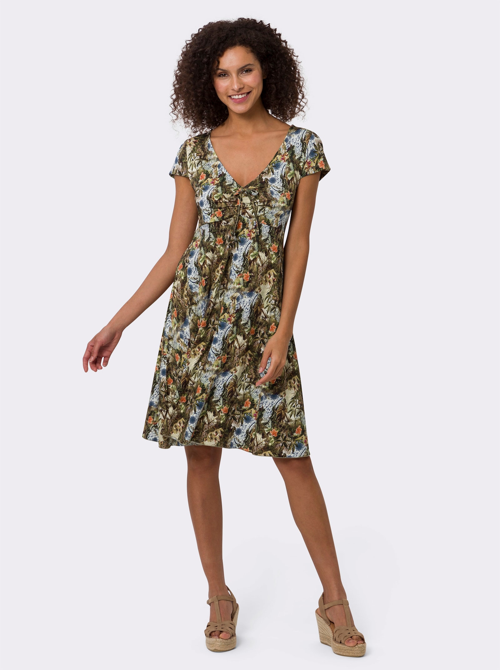 heine Druckkleid mit Bindeband - khaki-ecru-bedruckt