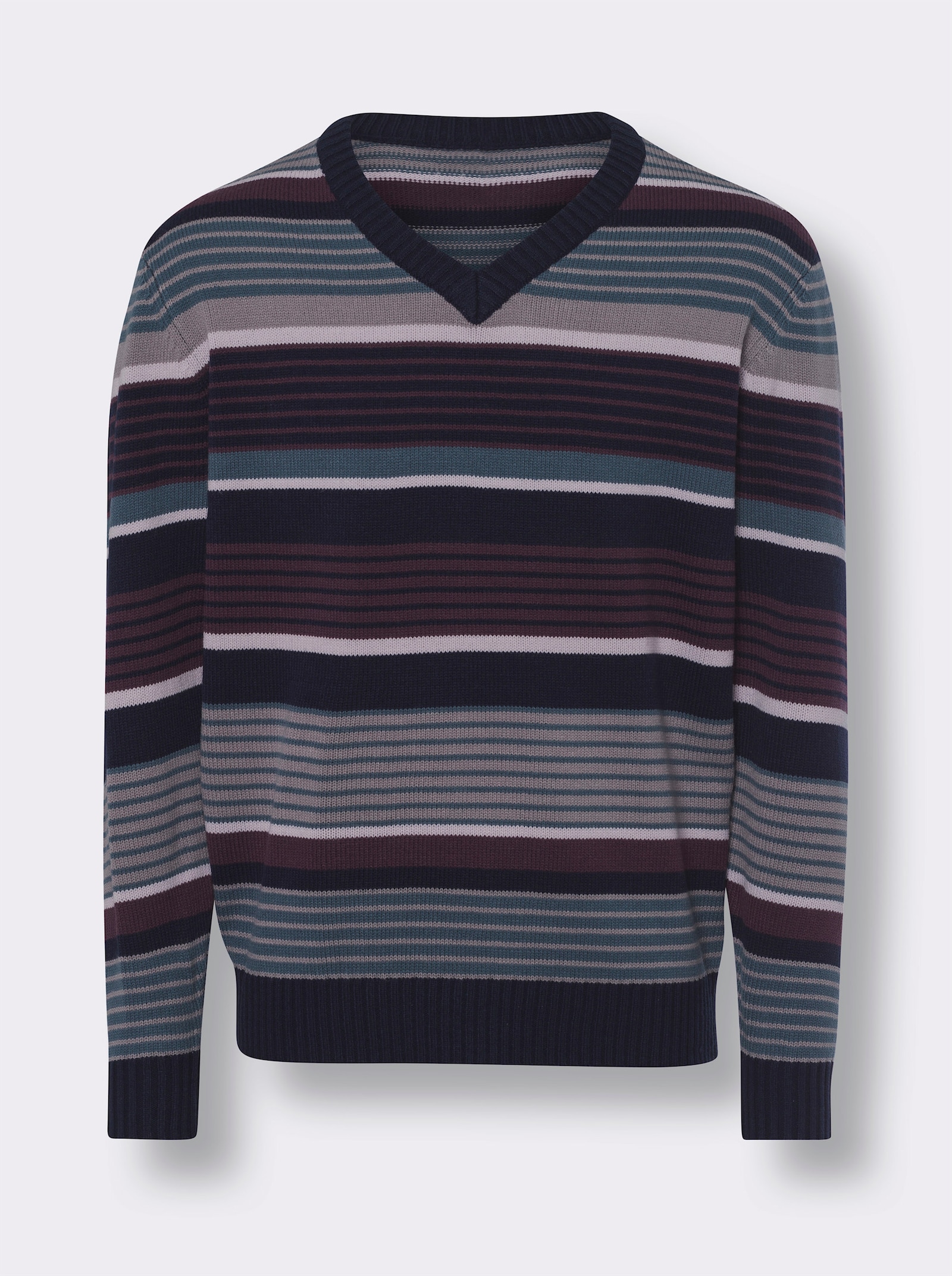 Pullover met V-hals en streepjespatroon - aubergine/marine gedessineerd