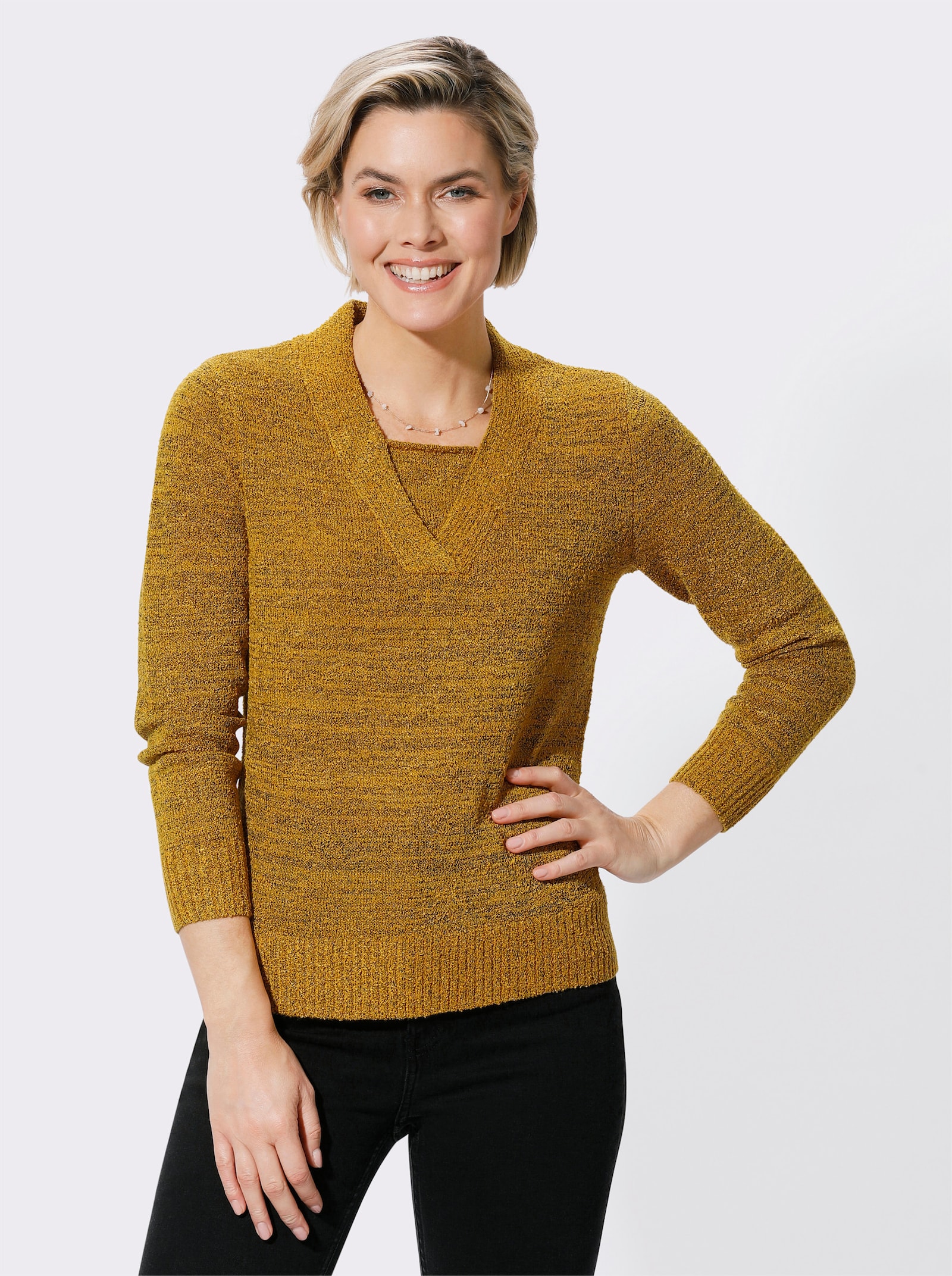 Bouclé-Pullover in 2-in-1-Optik - ocker-schwarz-meliert