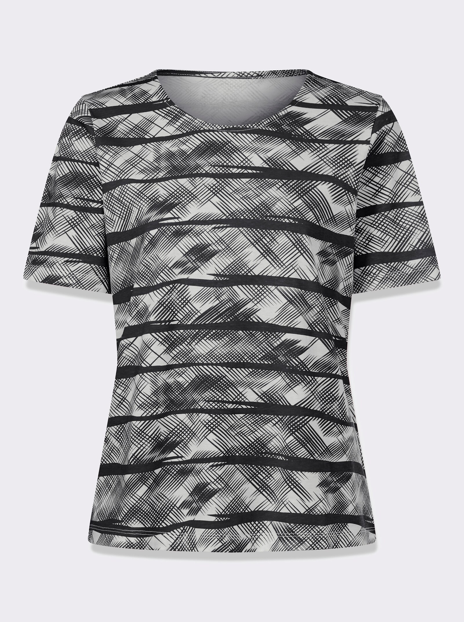 Kurzarmshirt aus reiner Baumwolle - schwarz-ecru-bedruckt