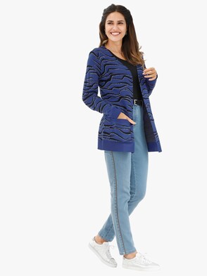 Long-Strickjacke - royalblau-gemustert