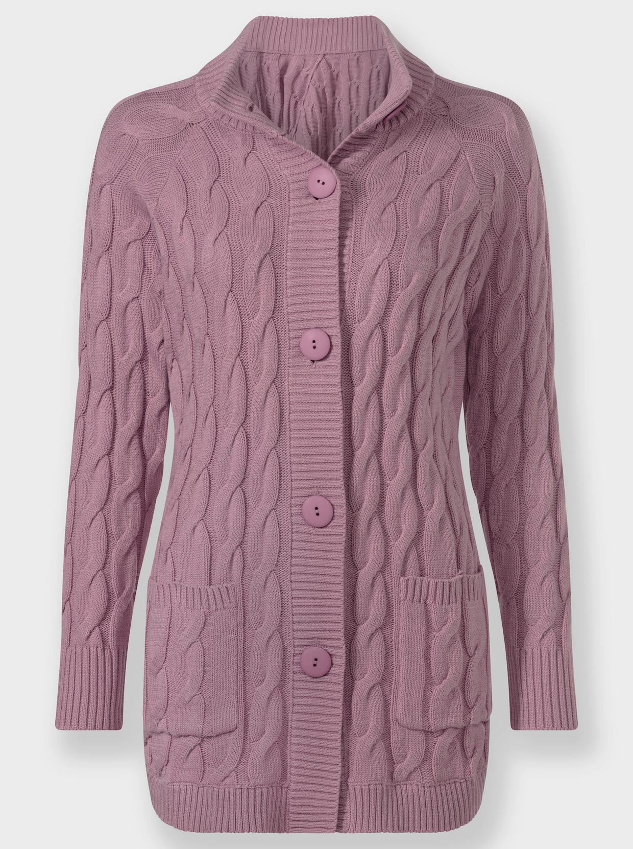 Longstrickjacke mit Zopf-Strickmuster - mauve