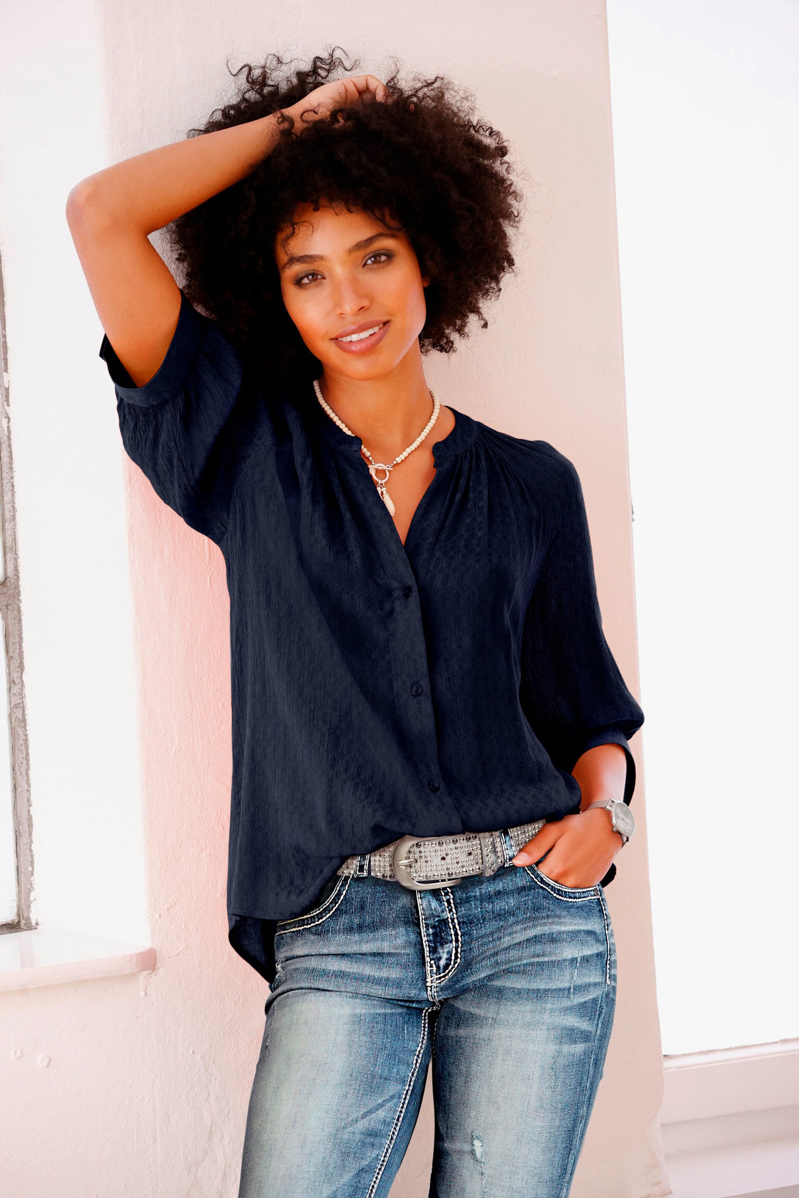 heine Blouse met korte mouwen van structuurstof - marine