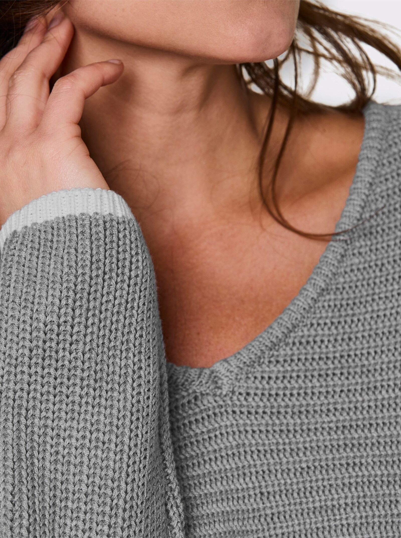 CREATION L PREMIUM Langarm-Pullover mit Kontrastkanten - steingrau-meliert