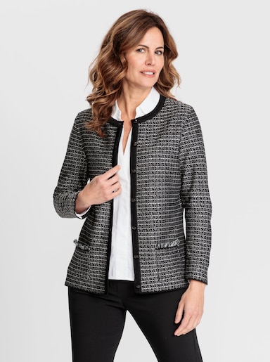 Jacquardstrickjacke mit Fransen - schwarz-ecru-gemustert