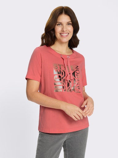 Kurzarmshirt mit glänzendem Druckmuster - koralle