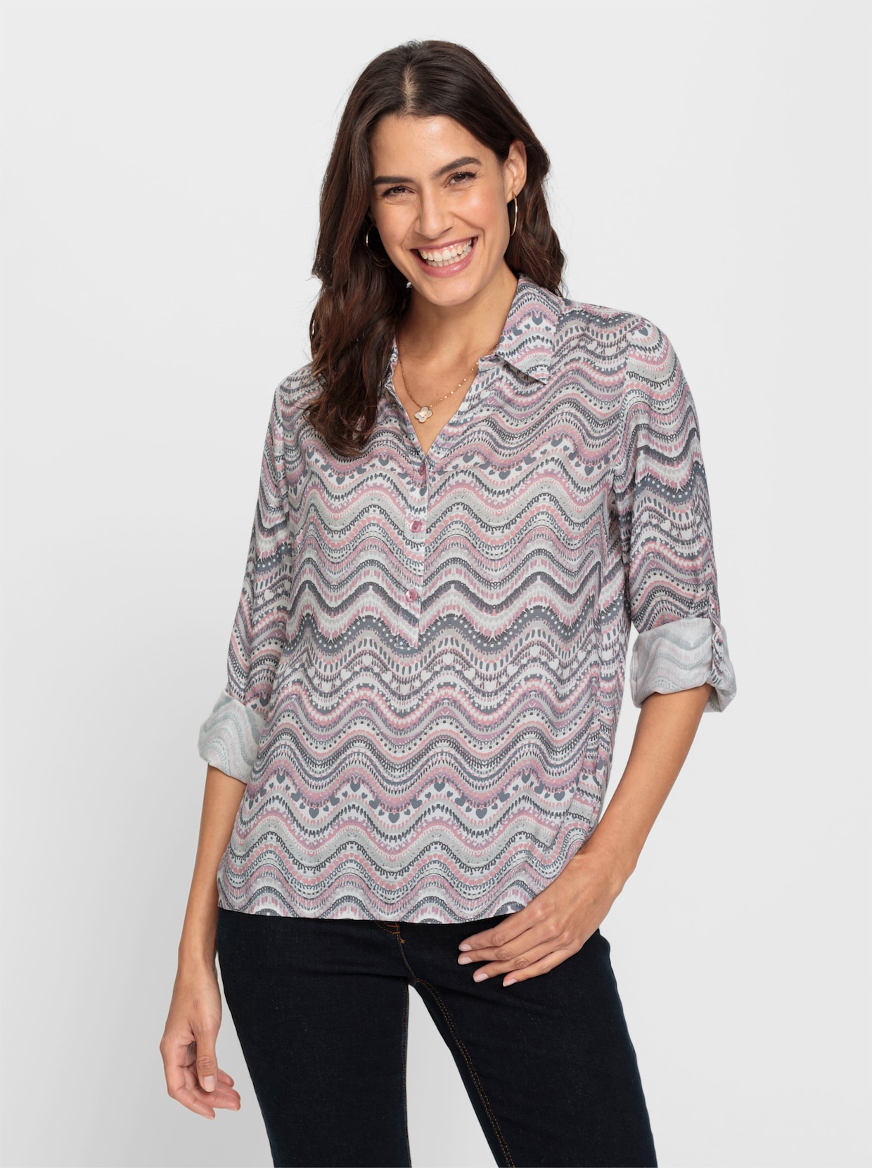 Comfortabele blouse - hortensia/grijs bedrukt