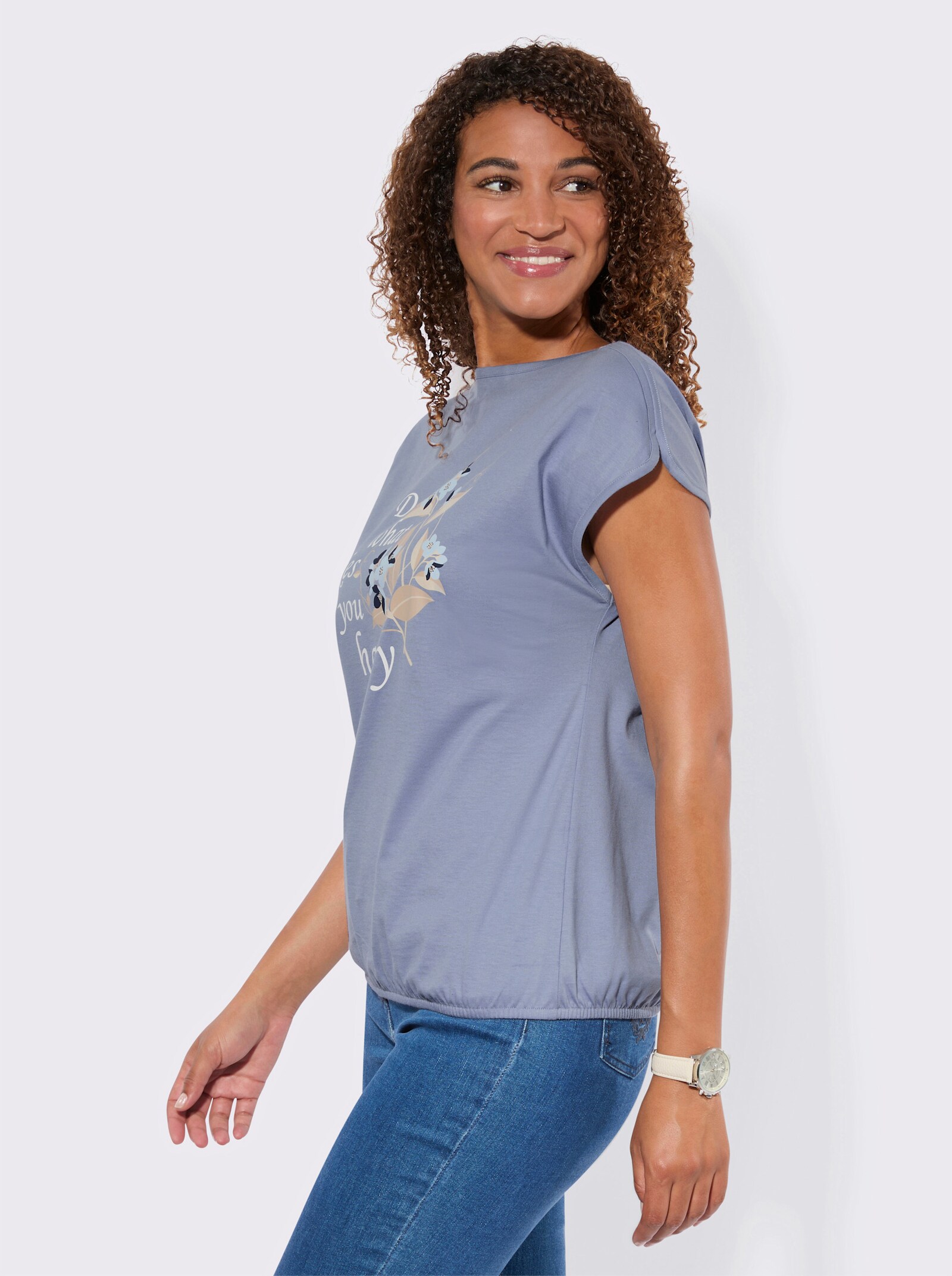 Shirt mit Schriftzug - taubenblau-ecru-bedruckt