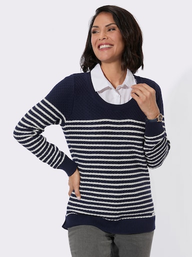 2-in-1-Pullover mit gerippten Abschlüssen - marine-ecru-gemustert