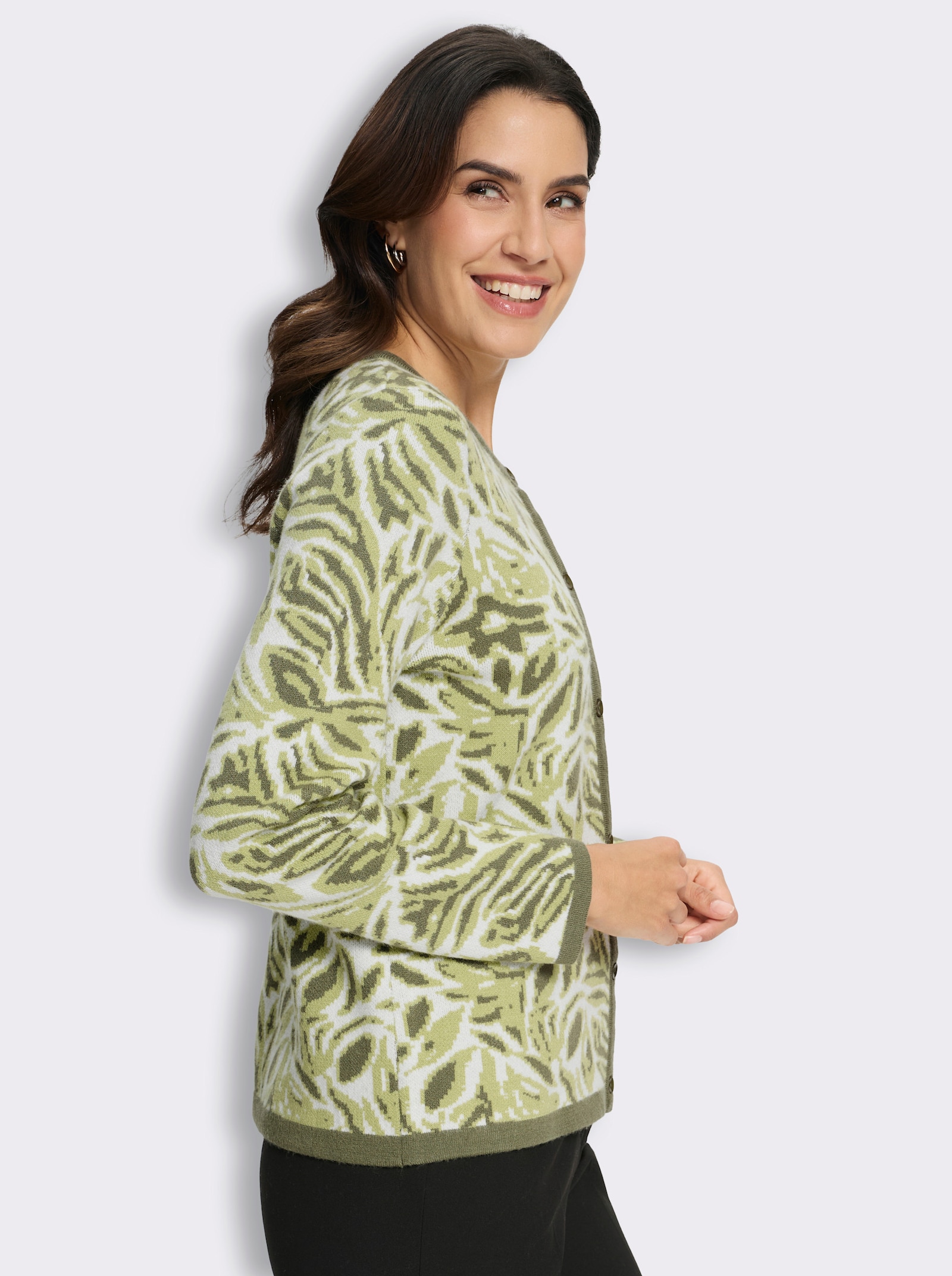 Jacquardstrickjacke mit floralem Allovermuster - khaki-ecru-gemustert