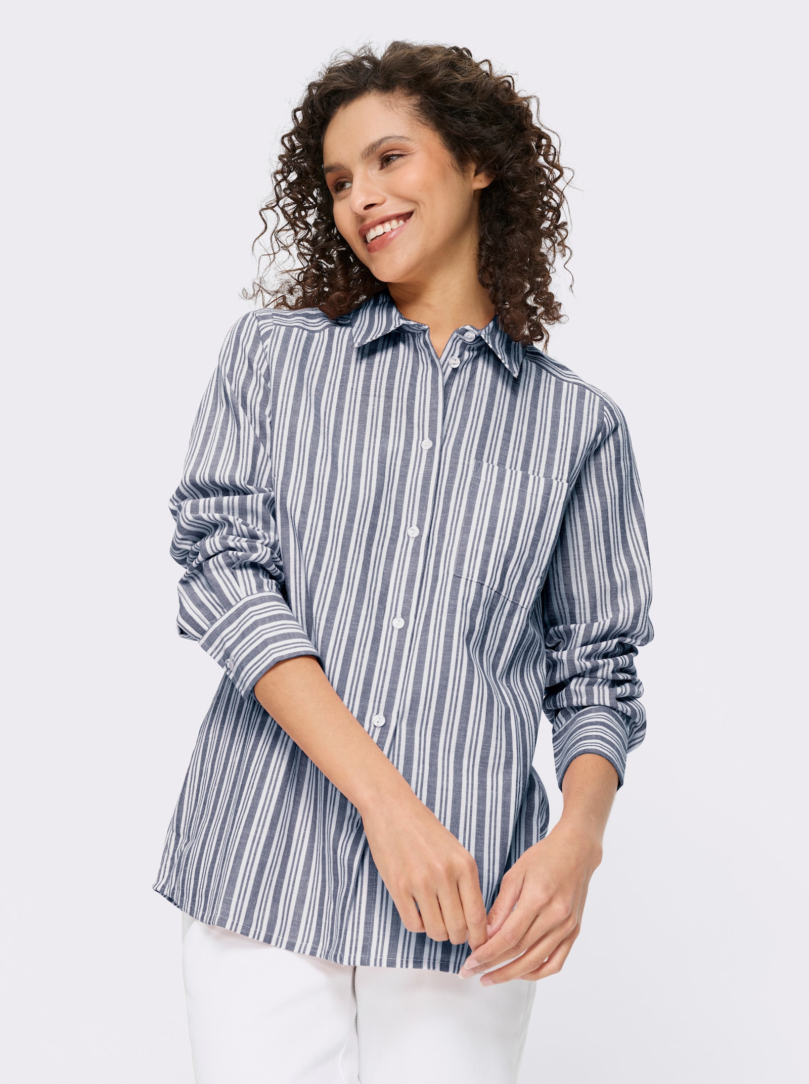 heine Gestreifte Bluse mit Leinen-Anteil - ecru-jeansblau-gestreift