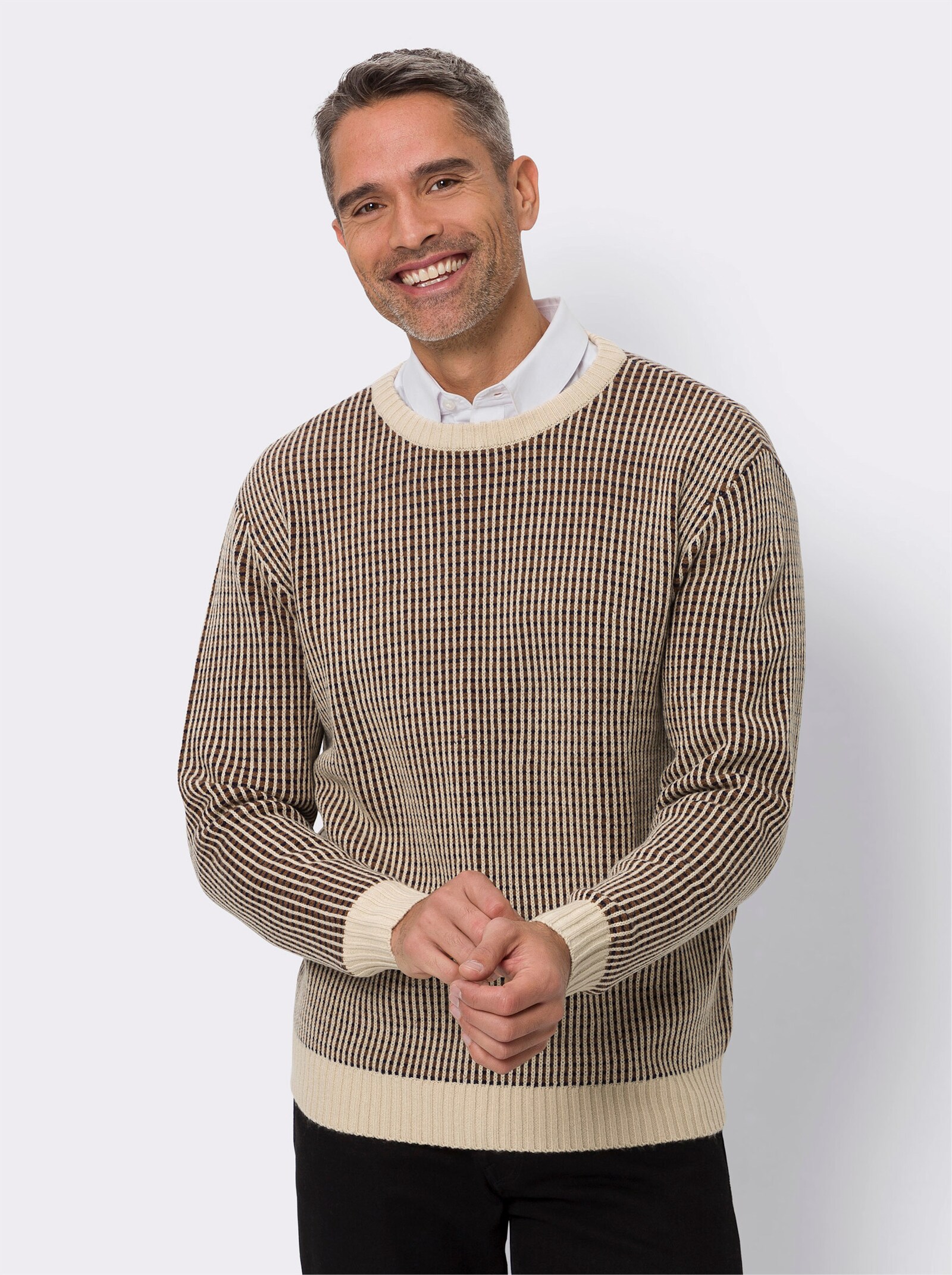 Pullover met ronde hals en grafisch breipatroon - zand/bruin gedessineerd