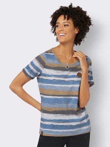 Streifenshirt mit Lederimitat-Details - mittelblau-camel-bedruckt
