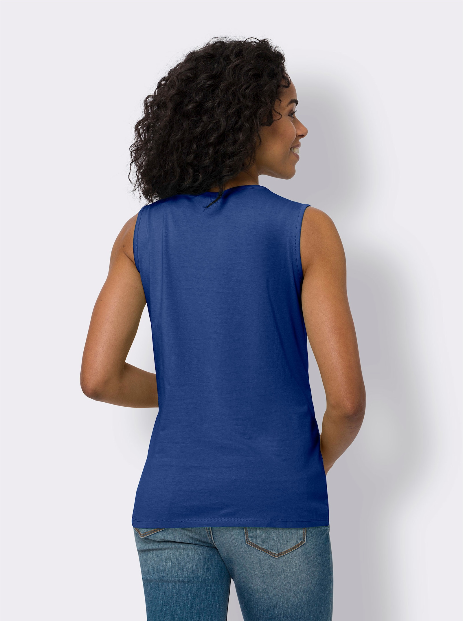 Linne med blomtryck - kungsblå-vit