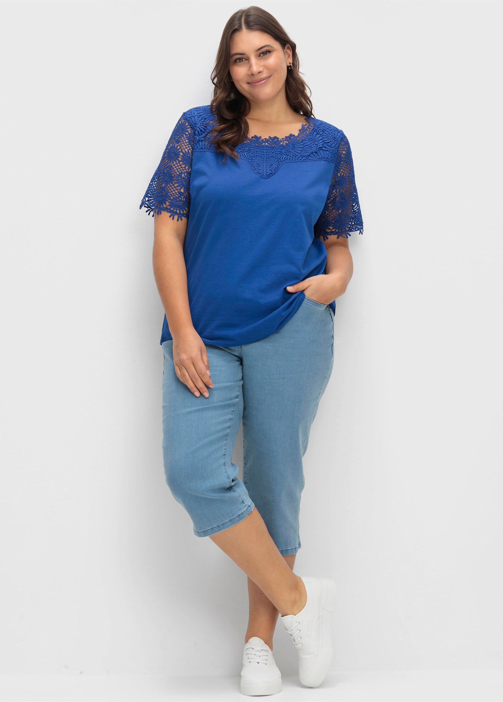 Spitzenshirt mit transparenter Spitze - royalblau