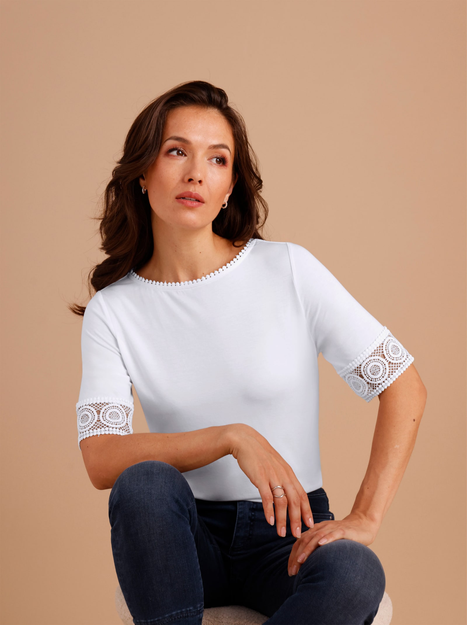 CREATION L PREMIUM Kurzarmshirt mit Spitze - weiß