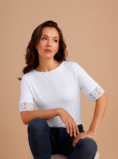 CREATION L PREMIUM Kurzarmshirt mit Spitze - weiß