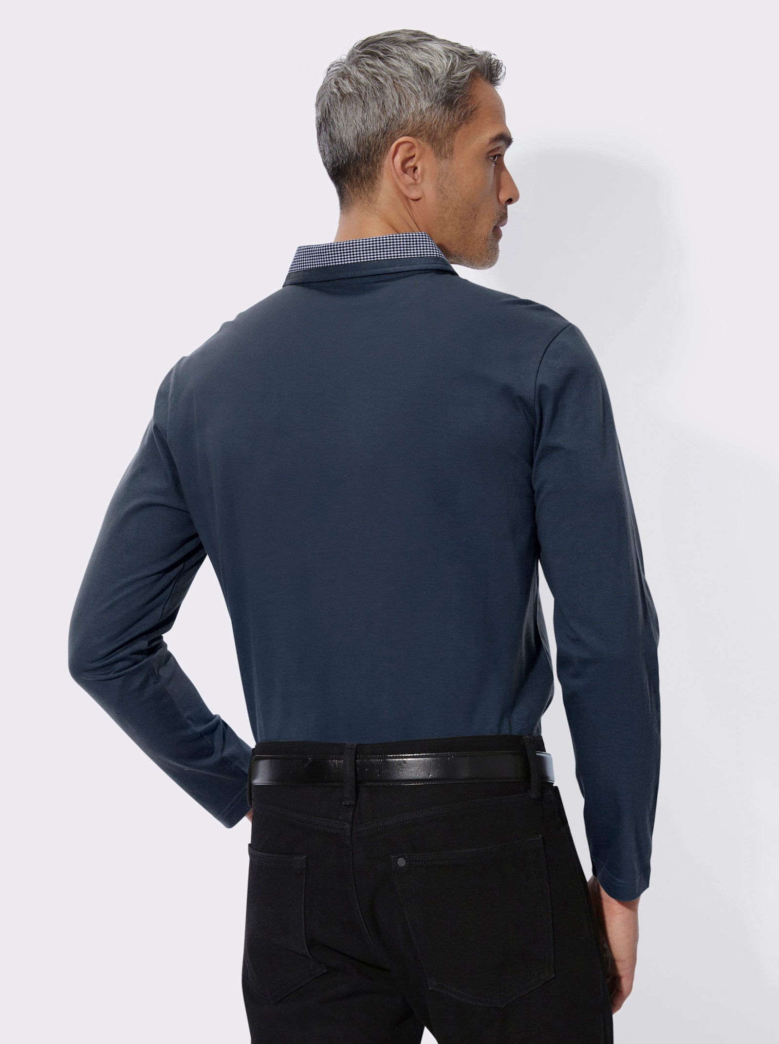 Langarm-Poloshirt mit Webkaro-Details - dunkelblau