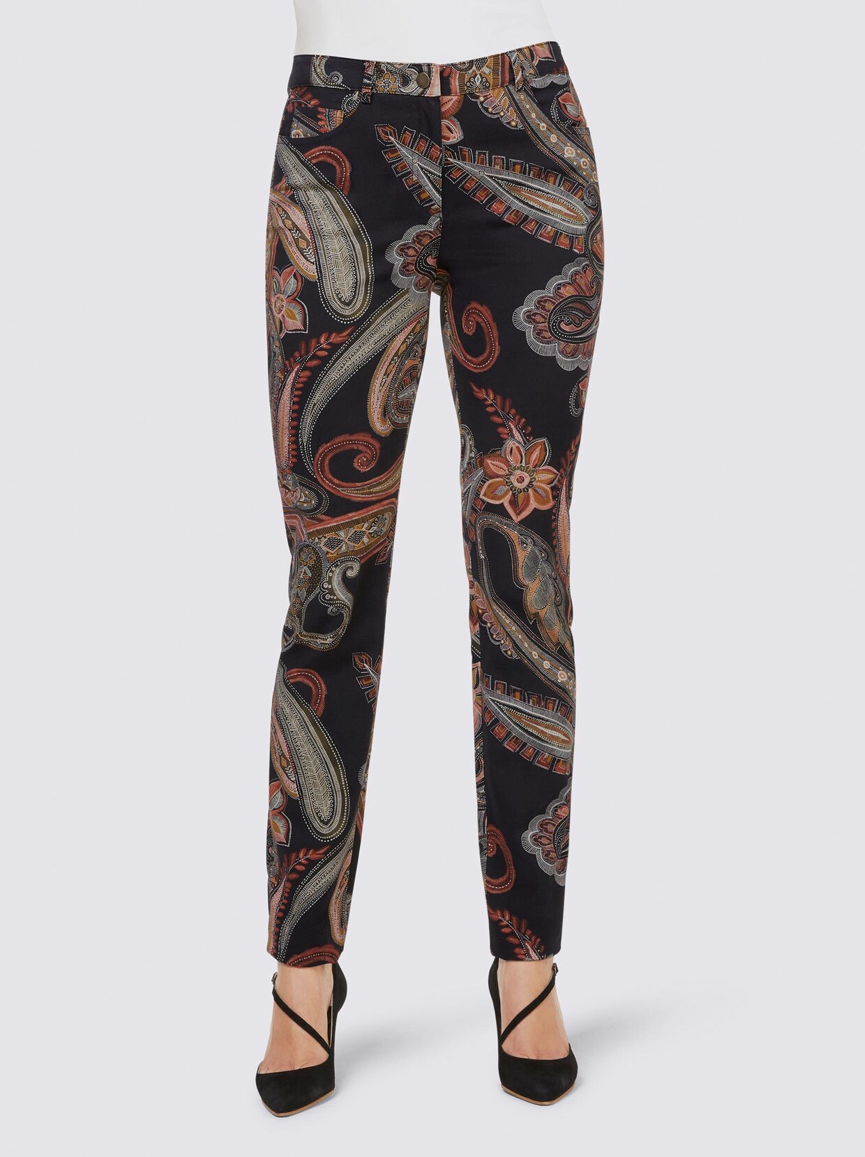 Ashley Brooke Druck-Hose - schwarz-papaya-bedruckt